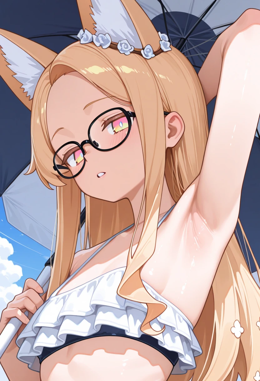 best quality,best resolution,(fluffy anthro furry :1.6),(young :1.8), cat girl,small breasts,long hair,wavy hair,gold hair,purple eyes,glistering eyes,sparkle eyes,ultra detailed eyes,naked,circle glasses,flower hair ornaments,gold fur,sparkle stars background,flower embroidery surrounded girl,night,(falling stars),legs in water,sweating,soak hair,soak body,soak arms,soak legs,sweating,glistering dusts surrounded,light and shadow,full face blush,heart expression eyes,heart eyes,looking at viewer,sexy face,smile,armpits,closed eyes,lying,:o,upper body only,close up
