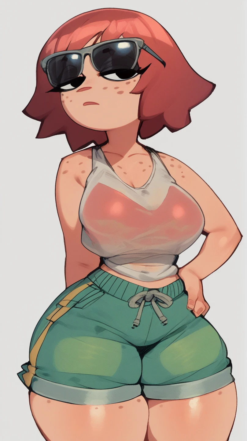 female young Conan O'Brien, realistic, 4k, highly detailed, freckles, 4k, small height, wide hips, inflated legs, thick thighs, ((((nude)))), ((((((upper body portrait)))))), ((plain white background))