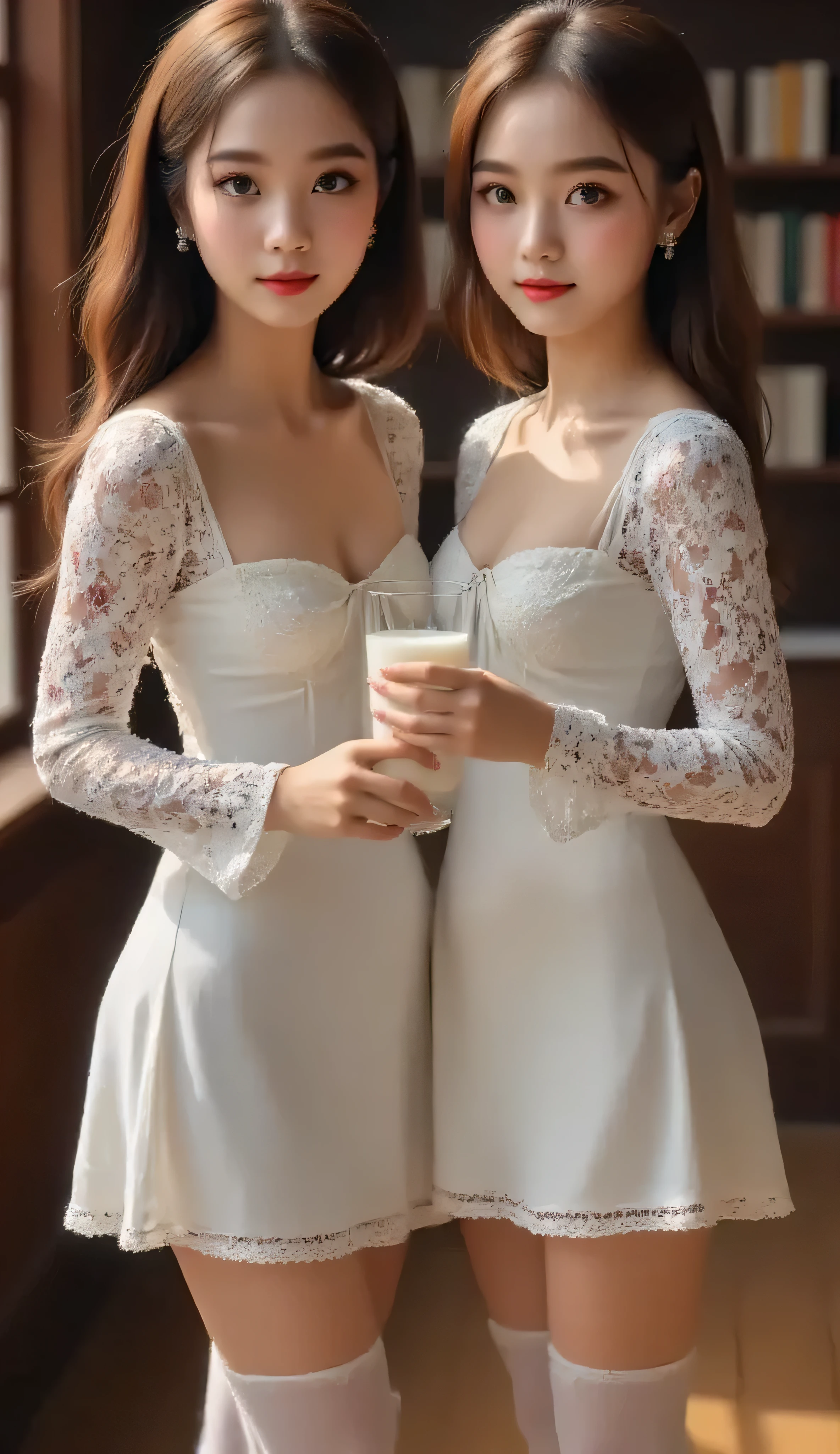  two beautiful girls ,  Japanese, parecen tener 11 años, con  beautifuls rostros de princesa, extremely thin and slender bodies, very long hair, wearing a white bodycon minidress with long sleeves, tall white stockings, drinking milk from a  in a library, with Convers shoes, full body view, real photo, playful atmosphere , extremely well defined figures, INTRIGUING DETAILS, extravagant poses and festive atmosphere, calidad de imagen sin pérdida de detalles a nivel de masterpiece, attractively diverse group of beauties, intimate foreground, complex multilayer skin with small pores and imperfections, surprisingly rough realism but also cheerful atmosphere, diversos rostros y peinados  beautifuls, versatile foreground, full body view, rostro detailed, happy, (Delgada), perfect body, (best image, better quality: 1.3), ultra high quality, ultra high resolution, masterpiece, realista, photorealistic, detailed, hiperdetailed,  beautiful, natural light, fondo detailed
