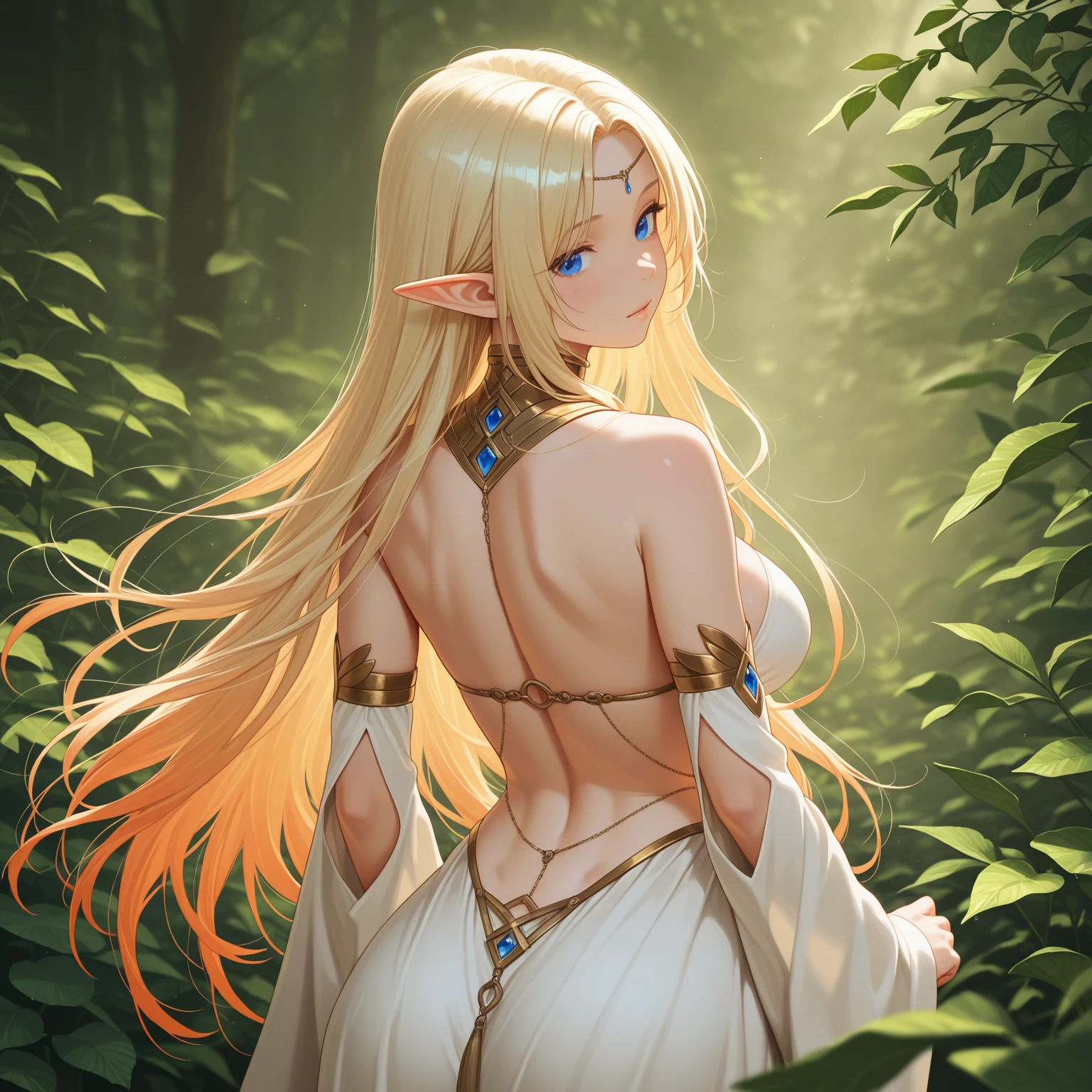 A graceful elven maiden with pointed ears, her long silver hair flowing like liquid moonlight, cascading down her bronze-tinted, sun-kissed skin. She stands tall and elegant, radiating an aura of wisdom and mystery, her eyes a mesmerizing shade of deep emerald green, reflecting the secrets of the ancient forests she calls home. Her attire consists of intricate, nature-inspired garments, adorned with delicate leaves and ethereal patterns, revealing her connection to the natural world.
Her bow, carved from the heartwood of an ancient tree, rests gently in her slender hands, a symbol of her proficiency in archery and her role as a guardian of the elven realm. A quiver of silver-tipped arrows hangs gracefully on her back, ready to defend her people and their ancestral lands.
Surrounding her is a lush and vibrant woodland, the sun filtering through the dense canopy, casting dappled shadows on the forest floor. Magical creatures of the woods, from playful fairies to wise old tree spirits, share the tranquil sanctuary with her, as they recognize her as a friend and protector.
The atmosphere is one of serenity and harmony, a sense of timelessness and connection with nature permeating the air. As the evening sky begins to paint hues of amber and violet, the elven maiden stands poised, her gaze fixed on the horizon, anticipating the mysteries that the night will unveil.
Artwork, digital painting with a focus on intricate details and soft, natural colors