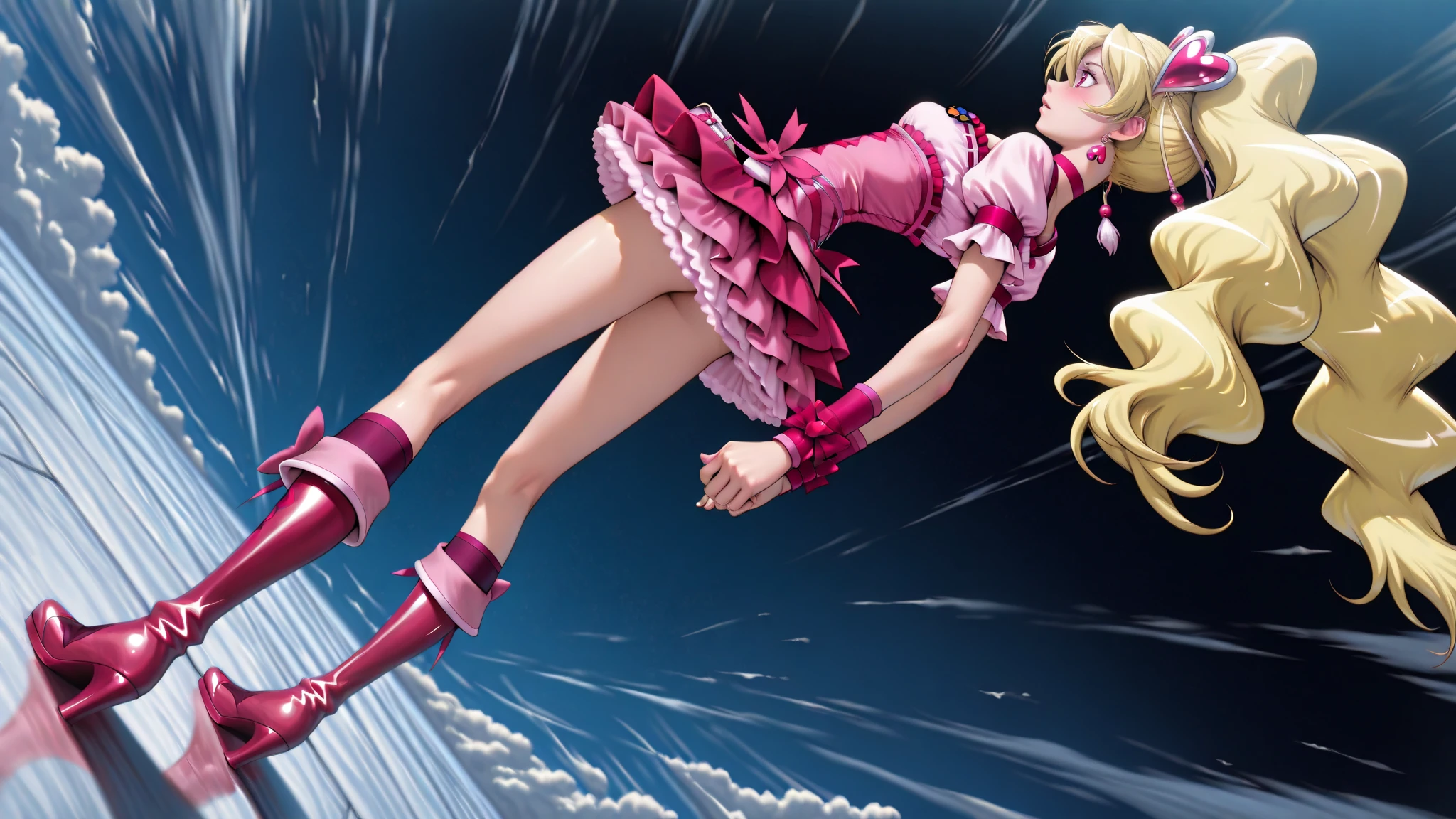 1girl, lambdadelta, pink dress, kneehighs, striped legwear, red shoes, shoe bow, red bows, blond hair, short hair, brown eyes, elbow black gloves, top-down bottom-up,  best quality: 1.5, masterpiece, perfect figure, delicate hands, HDR, detailed body, extremely detailed, higres, beautiful girl, Summer, grass, a few small flowers, large clouds, blue sky, hot weather, perfect body, wet skin, navel, sexy, beautiful waist, desirable, small breasts, shy, bikini, bare shoulders