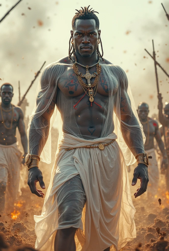 A strong, muscular African man with a beautiful face, shirtless, wearing traditional red clothing with small golden details, walking forward against a background of a dramatic sky with lightning tearing through it, highly detailed, photorealistic, best quality, 8k, extremely detailed, realistic, photo-realistic, physically-based rendering, vivid colors, studio lighting