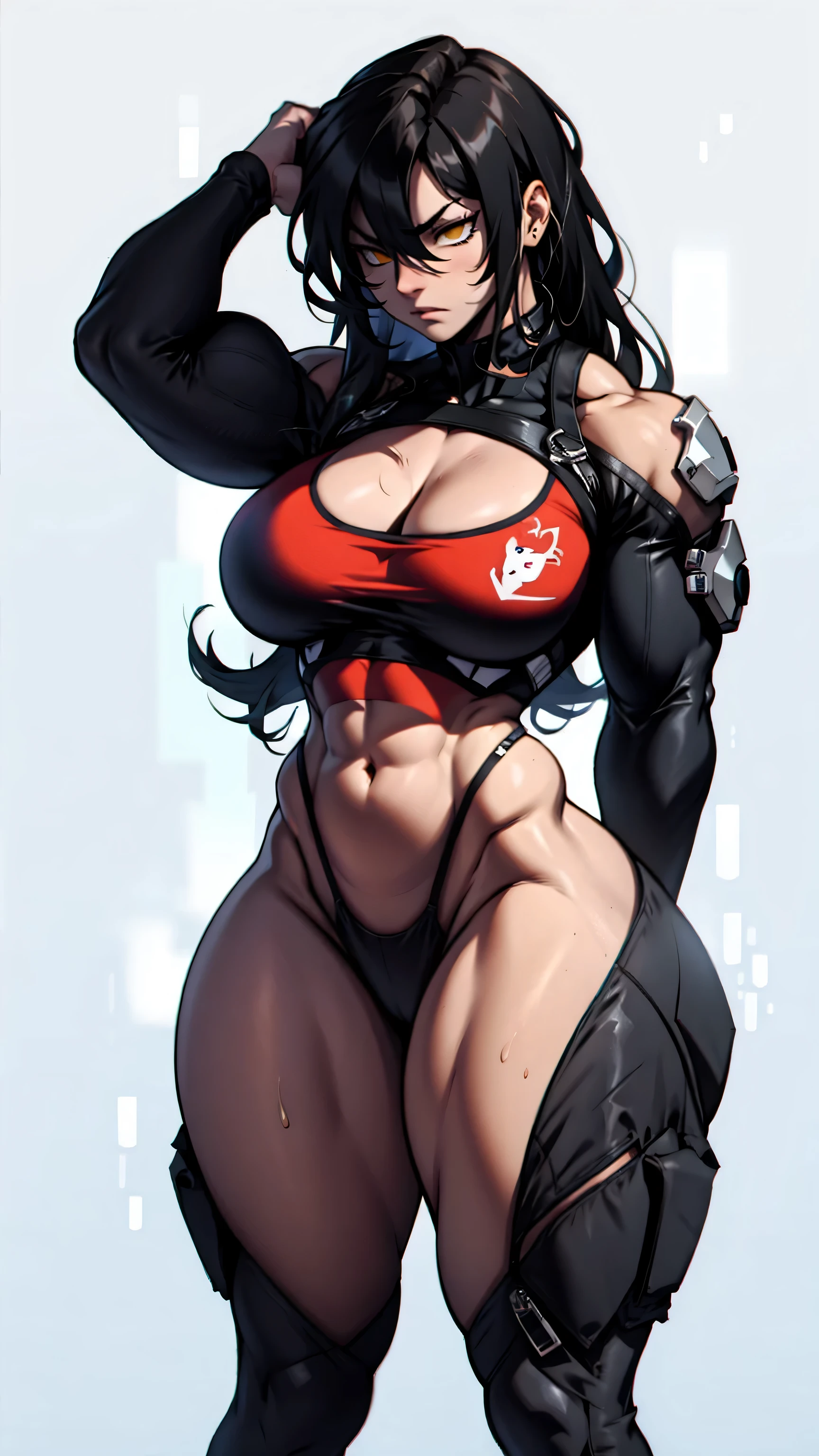 (((long hair))) black hair yellow eyes pale skin muscular girl huge breasts