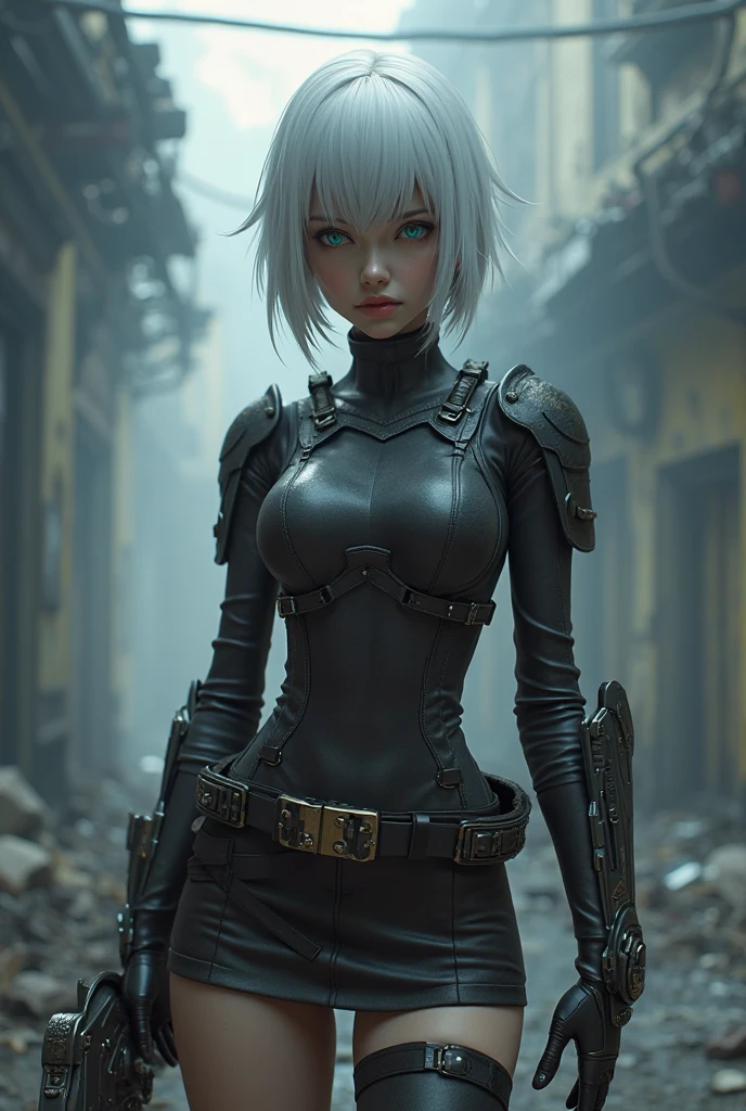 2b de Nier Automata con falda muy corta, sin sujetador, Vestido minimalista, realistic style in a desert post apocalyptic city, NSFW ((obra maestra:1.2, La mejor calidad)), cyberpunk, Symmetrical Side View Symmetry Full Body Focus Very Sharp Realistic Award-Winning Hyper Realistic Cinematic Lighting Girl, ciborg, robot, (25yrs)