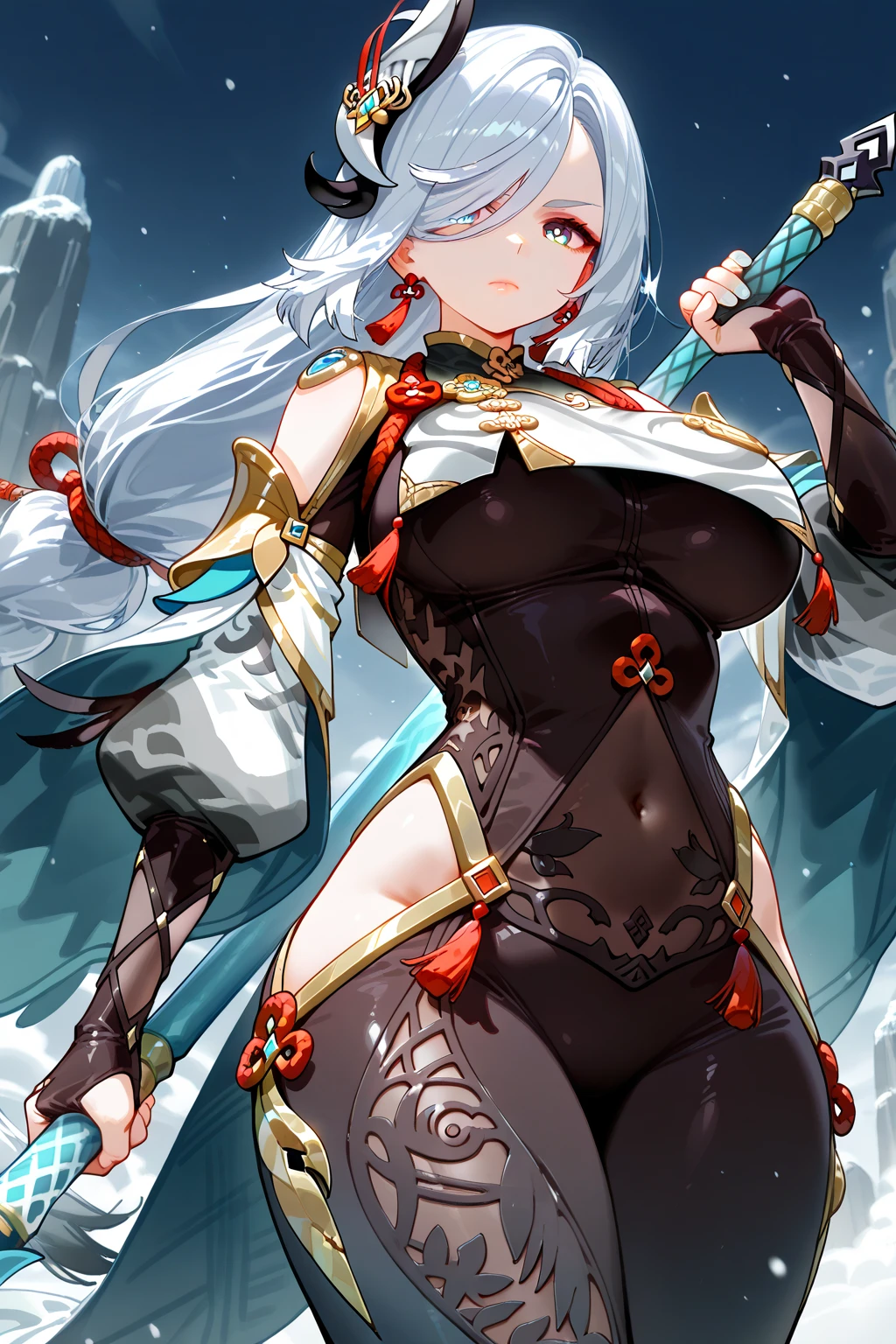High quality, blue eyes, long white hair, gigantic breasts (G size), mage woman, black bikini armor, metal boots, metal gloves, alone woman, full body. cape. Magic. Big . Great breasts