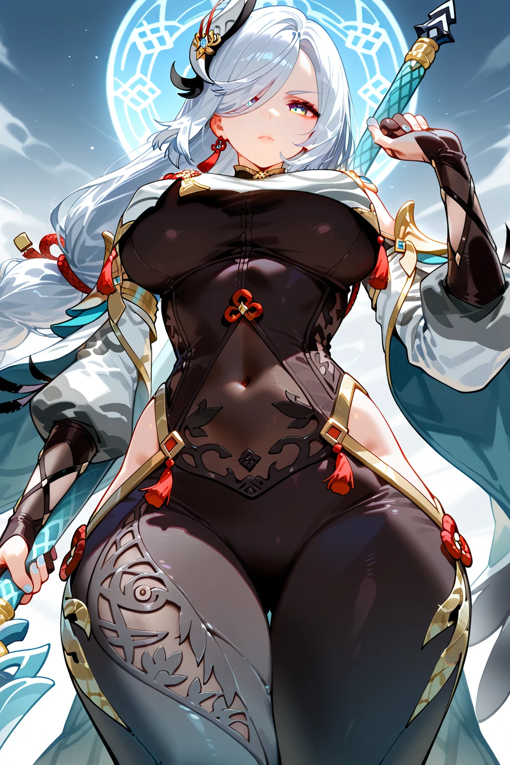 Adult woman, Long white hair, Orange Eyes, big breastes, open breasts, open belly, blue tight top, Iron sleeves, Iron boots, open thighs, brawn, anger, Masterpiece, hiquality