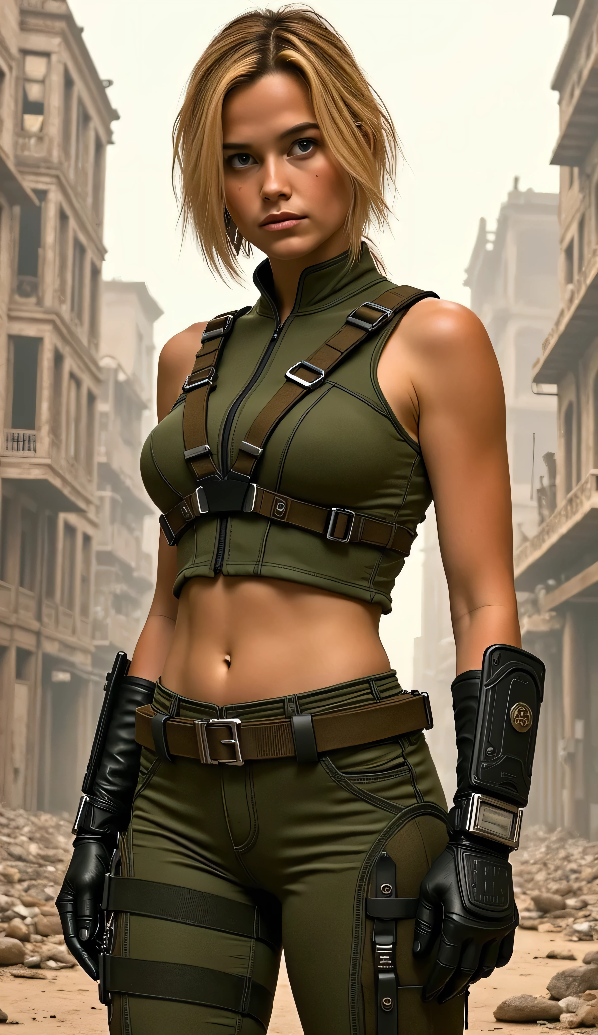 Sarah Catherine Hook as Sonya Blade, Mortal Kombat, realistic digital illustration, powerful and determined soldier, post-apocalyptic environment, stands confidently, in front of a war-torn cityscape, crumbling buildings, rubble, broken structures in the background, fierce and gritty appearance, tousled shoulder-length blonde hair, focused intense expression, tactical green crop top with a high collar, fitted military pants, armored gloves, utility belt, combat harness is strapped over her shoulders and waist, detailed realistic illustration, strong inking, high contrast shadows, stylized linework, sketch-like and monochromatic background, strength, resilience, battlefield experience, lone warrior in a ruined world, 4K resolution, graphic novel realism, dynamic pose