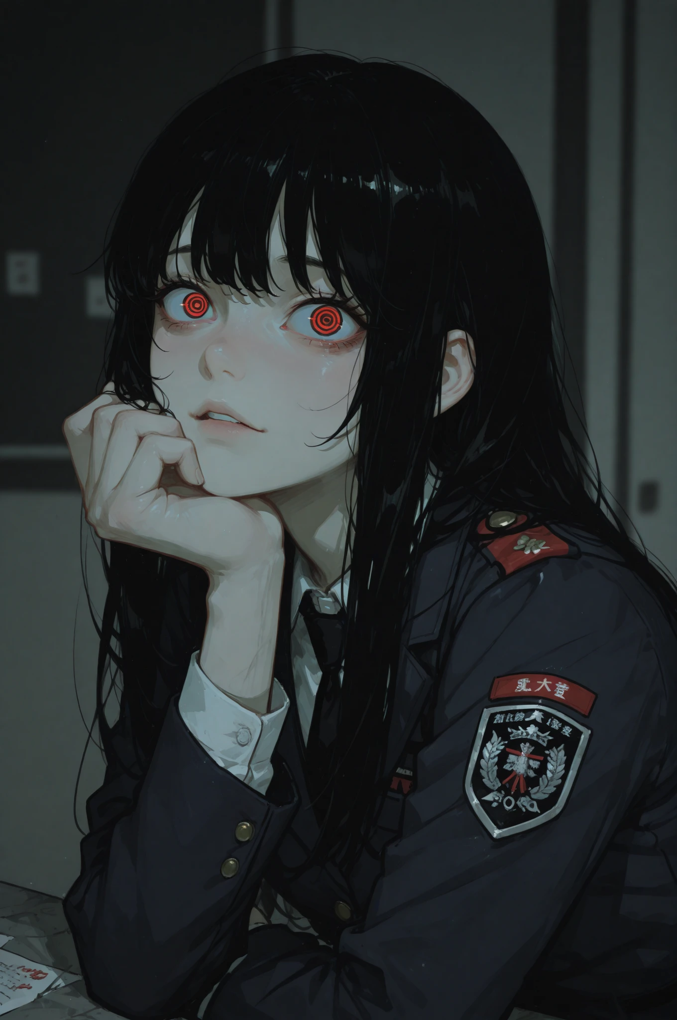 long black hair、Without glasses、Crazy Eyes、Blurred Expression、uniform、upper body、Indoor、Forward-facing、niji style、hyperdetail、Gap、Expression not a pretty girl、intentionally broken design