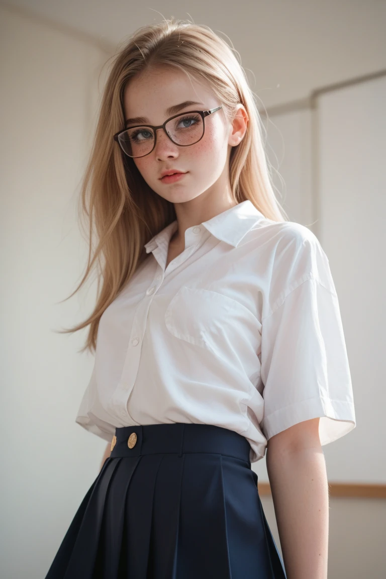 full frame photo of a beautiful young girl with long blonde platinum hair, wearing white office shirt and black cloth skirt, earrings, black eyeliner, sharp jawline, small nose, long lack nails, cute face, black glasses, perfect skin, white pale skin