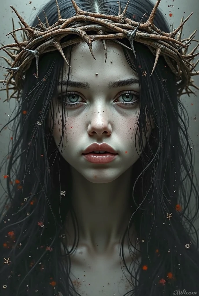 a red-haired girl with long straight hair, blue eyes and freckles crucified