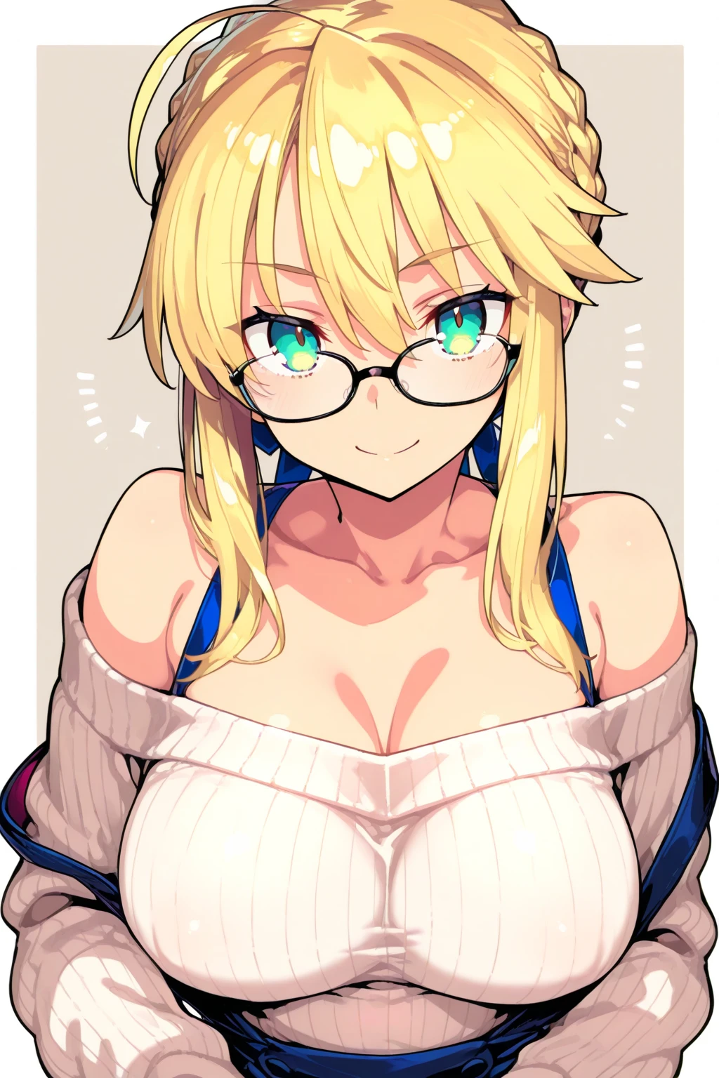 a woman, tanned skin, black fur, a hairstyle with two long braids that fall over her shoulders, hair between eyes, with straight bangs that cover his forehead. He wears purple glasses with round frames and has an annoyed expression on his face., yellow hair, big eyes and heart, purple eyes, small nose, huge breasts, Skinny body, small waist, whole body, yellow bunny costume, a nerd, alone, view from the middle