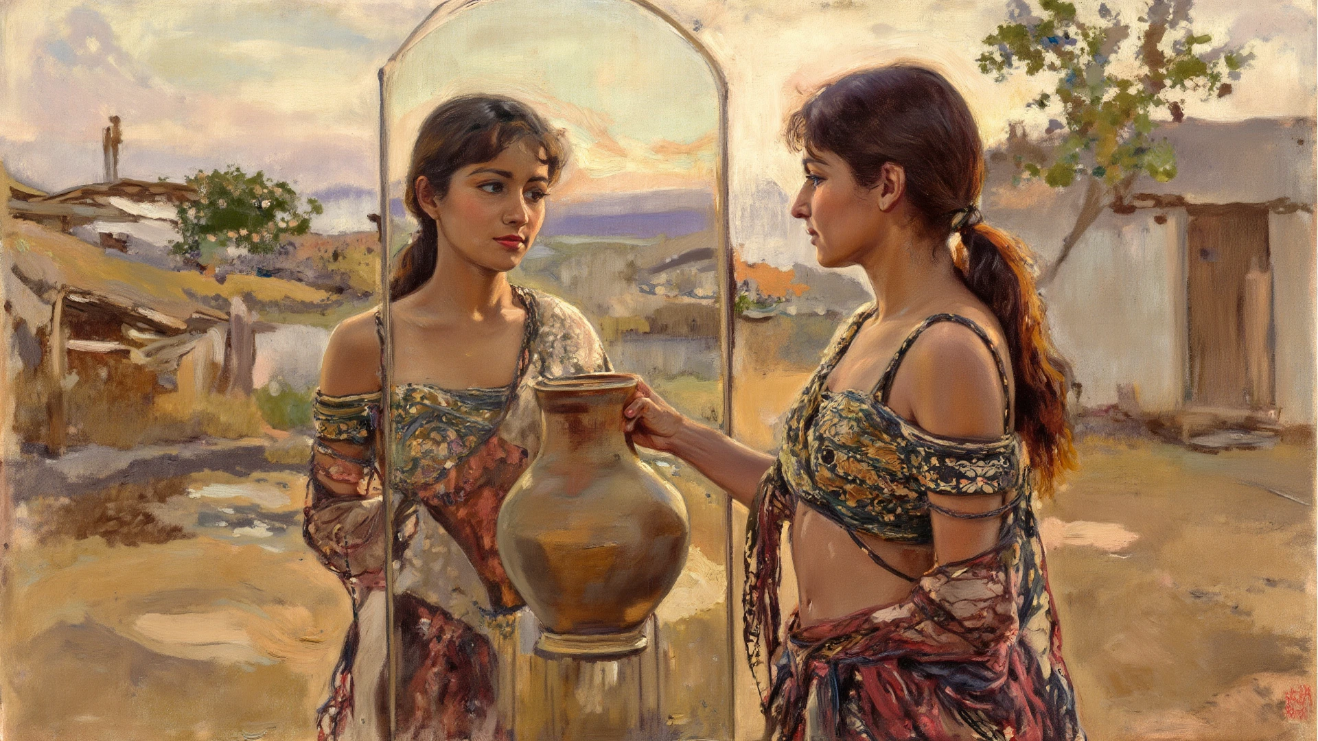 alone in the universe, in watercolor style, Photorealism, discreet golden and ruby and mint shades, () gentle modest thin girl 16 years old (with a very beautiful exquisite face) southern type with short dark hair with beautiful  with tender  (barefoot) in a long orange skirt walking in the distance (Across the desert) (and carries a clay jug of wine in his hand), stunted little plants, drought, precious jewelry on the neck and  and on the wrists, precious bracelets, ankle bracelets