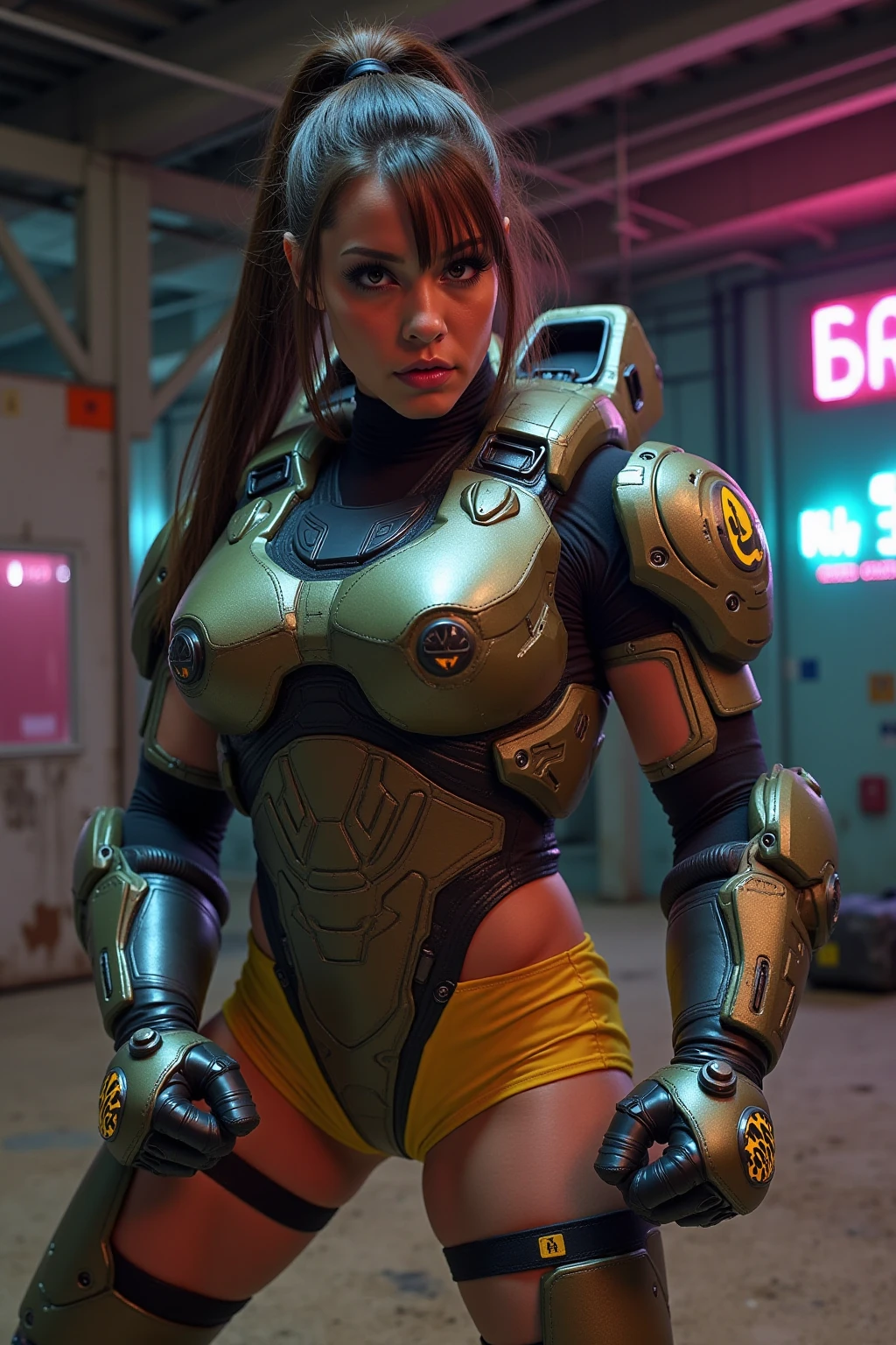a sexy transformer woman, yellow bulldozer, seductive poses on work site, large breasts and butt, yellow paint scheme with purple highlights, pink lights, best quality, 4k, 8k, highres, masterpiece:1.2, ultra-detailed, realistic, photorealistic, photo-realistic:1.37, concept art, surreal, vibrant colors, dynamic lighting, dramatic shadows