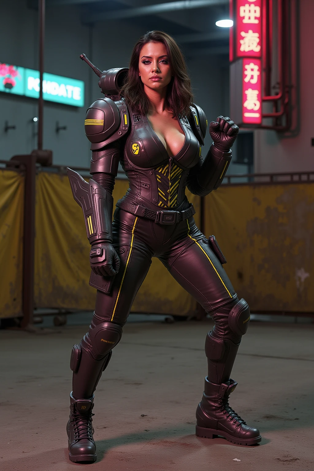 (1GIRL,SOLO:2), (Tifa Lockhart face:1.1), ((GIGANTIC BREASTS, HUGE FAKE BREASTS:1.5)), (CLEAVAGE TOP:1.5), (MUSCLE ABS FEMALE:1.4), (MECHA GUARD ARMS,BLACK GLOVE:1.4), ((ORANGE WHITE MECHAGIRL CROP TOP, BLACK MECHA SKINTIGHT HOTPANTS, MECHA GUARD ARMOR LEGS, HIGH HEELS:1.5)), (Sexaroid Type), (MUSCULAR BODY:1.3), (GLOSSY SKIN:0.8), (SEXY LONG LEGS, FULL BODY:1.1), (PORTRAIT,LOOKING AT VIEWER:1.3), (female focus:0.886), (WALKING DOWN HALLWAY OF FUTURISTIC SPACE STATION:1.3), (BRIGHT LIGHTING:1.3), SUPER TEXTURE, UNREAL ENGINE RENDER, PHYSICALLY-BASED RENDERING, ULTRA HIGHT DEFINITION, 16K, 1080P.