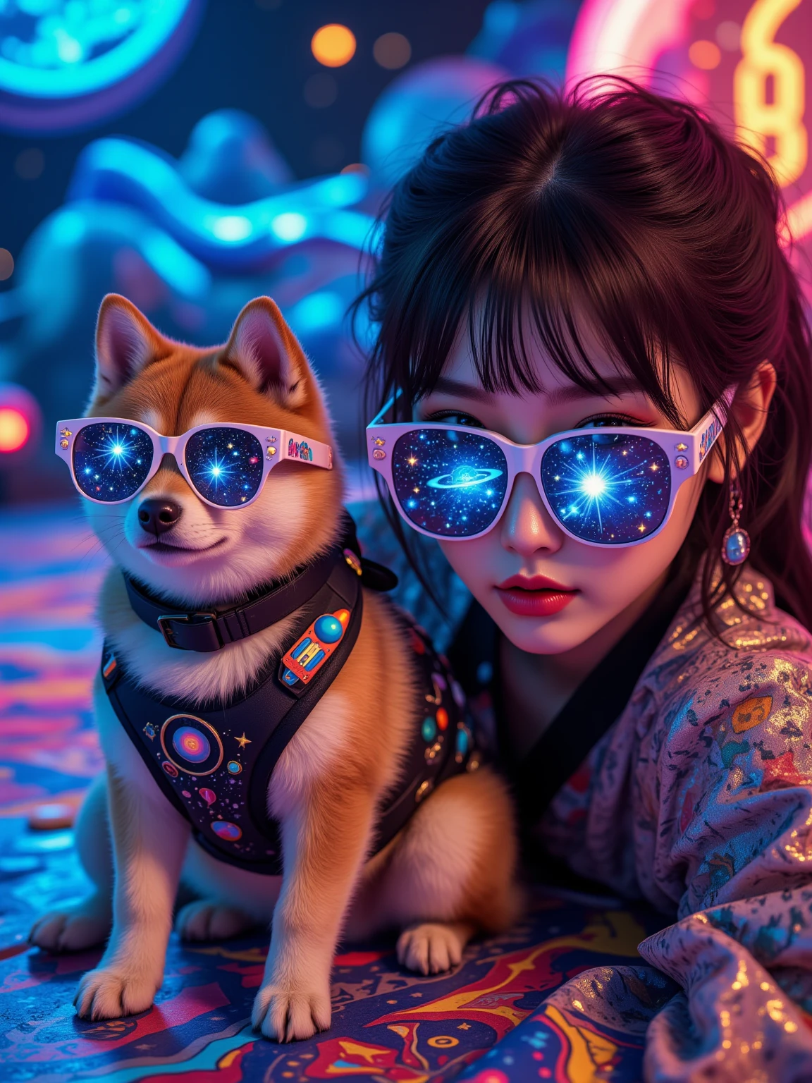 realistis 4d anak gadis kulit realistis rambut hitam yang mengenakan jaket berbulu tebal warna kuning biru, sepatu pink, rok merah kotak kotak, duduk di jalan kota pada malam hari. Anak tersebut harus memakai headphone, memegang boneka anjing besar dengan dua tangan. Latar belakang harus cerah dengan lampu kota yang buram, memberikan suasana dinamis dan penuh warna pada pemandangan. kuwalitas gambar super detail,