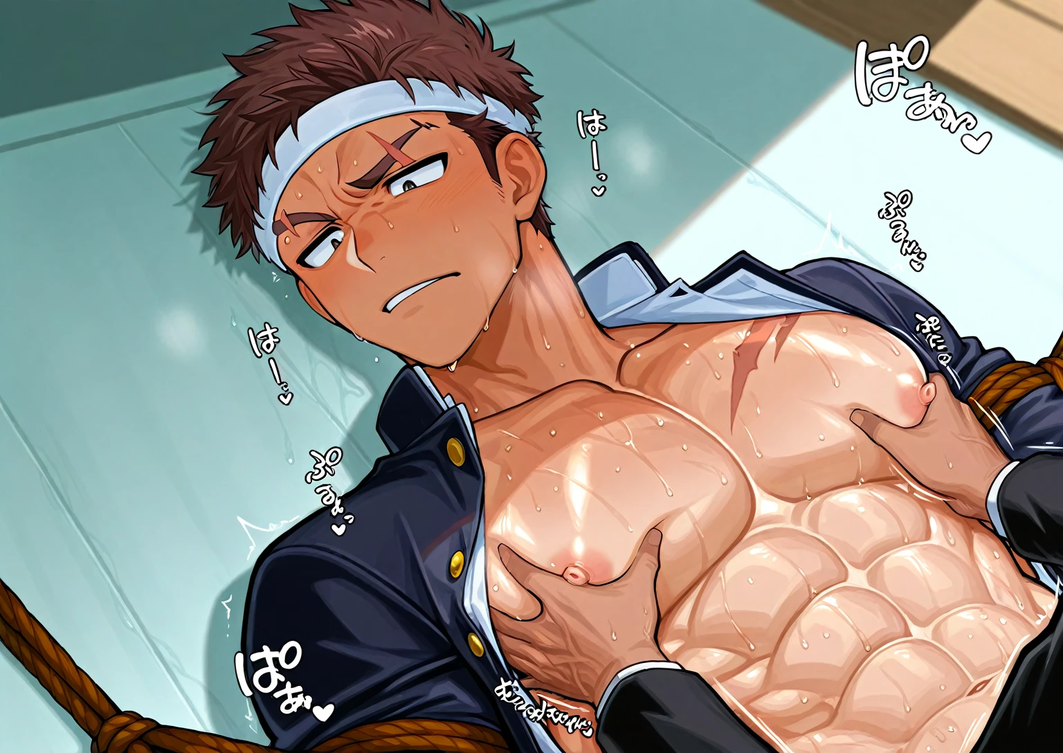 Daiki_aomine, male, muscle, blue eyes, dark blue hair, dark skin, nude, hyper balls, gapping nipples, gaping urethral orifice, gaping penis, micro penis, ahegao, happy face, people around