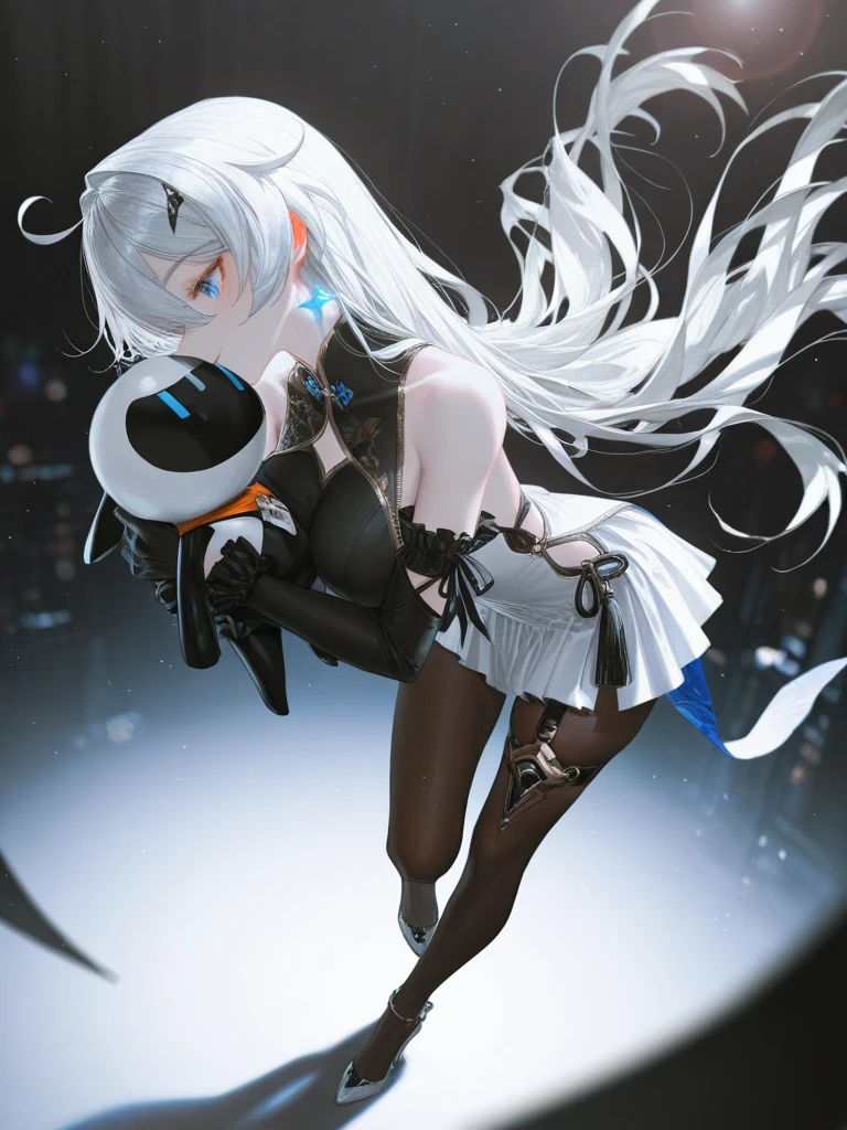 1girl, ashen_blond_hair, long_hair, bangs, red_eyes, two_side_up, hair_over_one_eye, blush, medium_breasts, Black_dress, black_gloves, grey_shorts, pale skin,