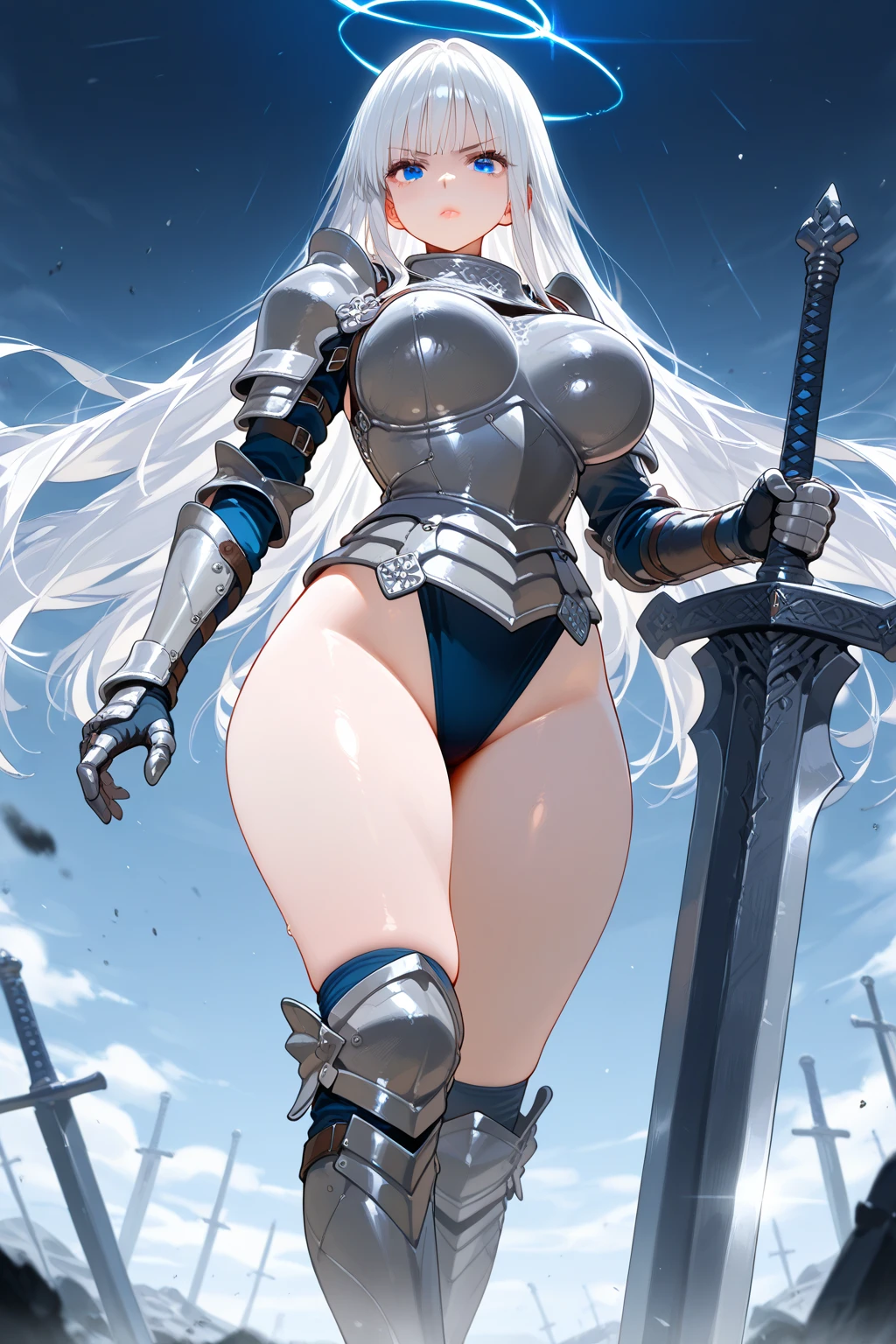 masterpiece, best quality, 1girl, sitting, forest, white hair, long hair, grey eyes, (knight armor:1.1), skirt, thigh highs, big breasts, thick thighs
