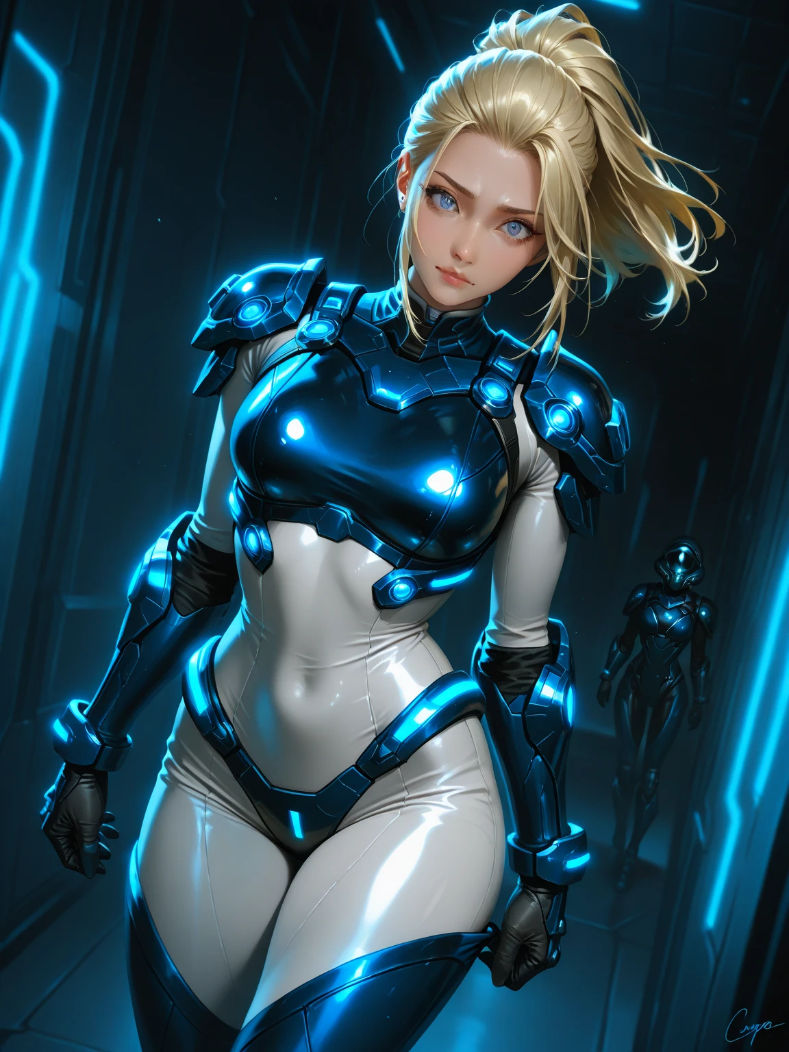 (8k, masterpiece), ultra high resolution, (realistic, photo-realistic), starcraft_nova, (futuristic metropolis), translucent, dynamic lights, detailed skin, realistic skin details, visible pores,