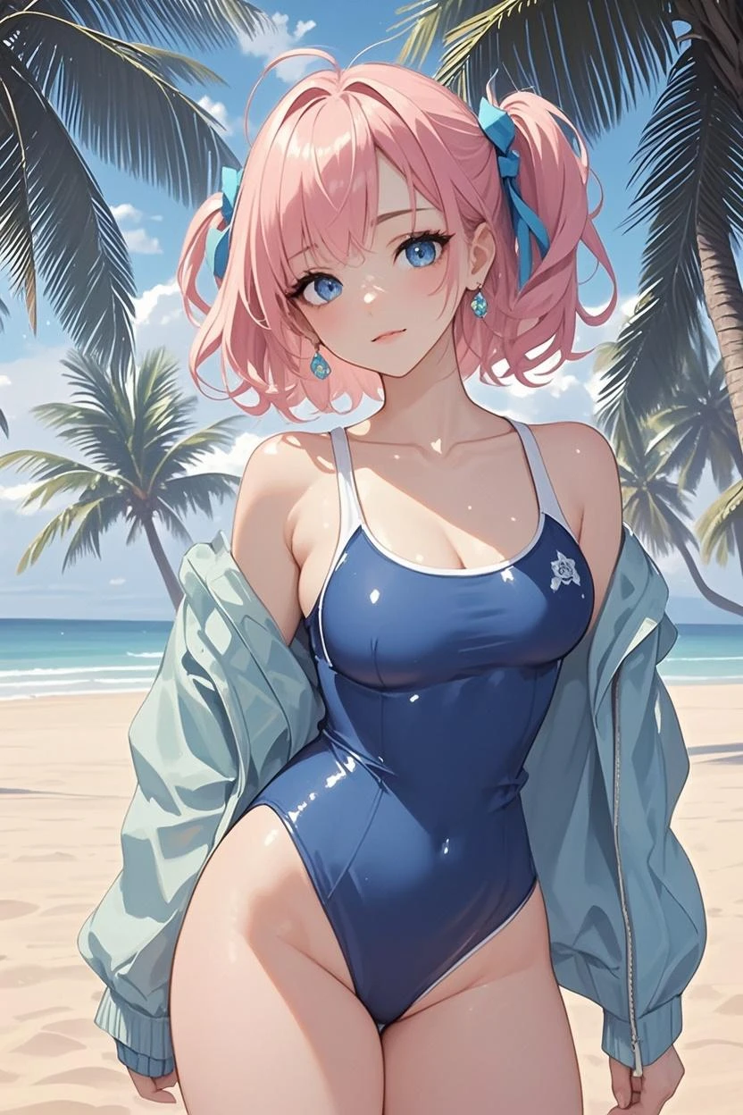 Here’s a detailed prompt for Sakura Mizuki swimming at the beach:
Sakura Mizuki, an 18-year-old girl with waist-length pink hair and large jade green eyes, is enjoying a refreshing swim at a picturesque beach. She’s dressed in a stylish yet modest swimsuit that highlights her and curvy figure without being too revealing. The sunlight dances on the water, creating a beautiful shimmer around her as she wades through the gentle waves.
Sakura’s face is lit up with a warm, joyful smile, reflecting her love for the ocean and the carefree moment. Her pink hair, slightly damp from the water, clings softly to her shoulders as she moves gracefully in the turquoise sea. The beach in the background is lined with golden sand and a few scattered seashells, while the horizon stretches out to meet the clear blue sky. The serene setting, combined with Sakura’s cheerful expression, captures the essence of a perfect day at the beach.