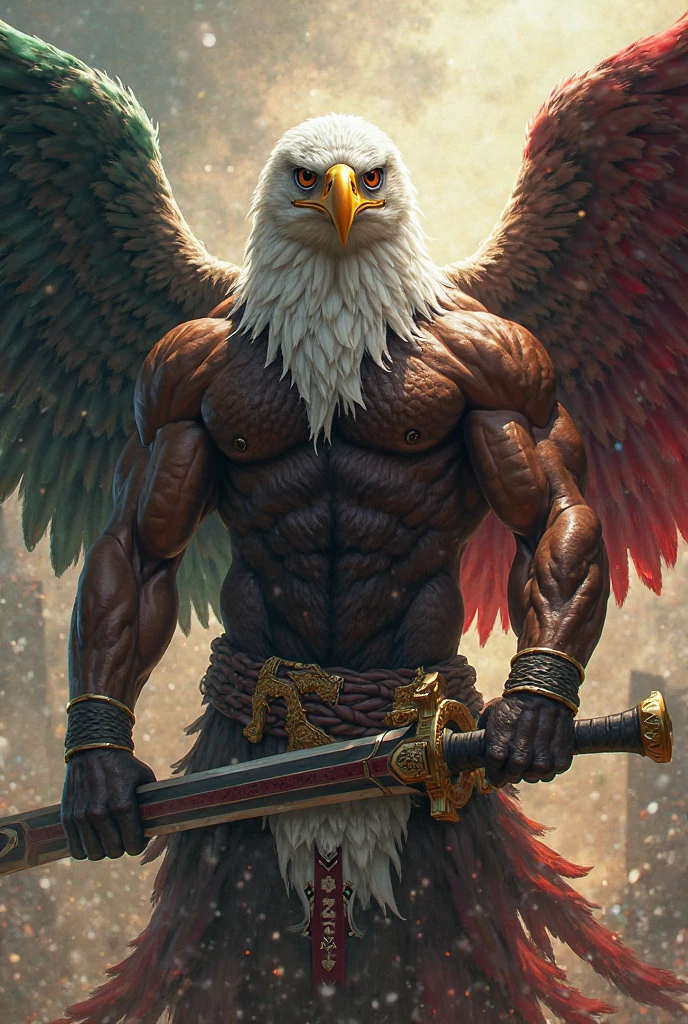 a close up of a Anthro male eagle knight holding dual sword, solo, cocky expression, masterpiece, best art, full body, by taran fiddler, detailed eyes, detailed body, claws, tall, topless, pecs, abs, nipples, pauldrons,