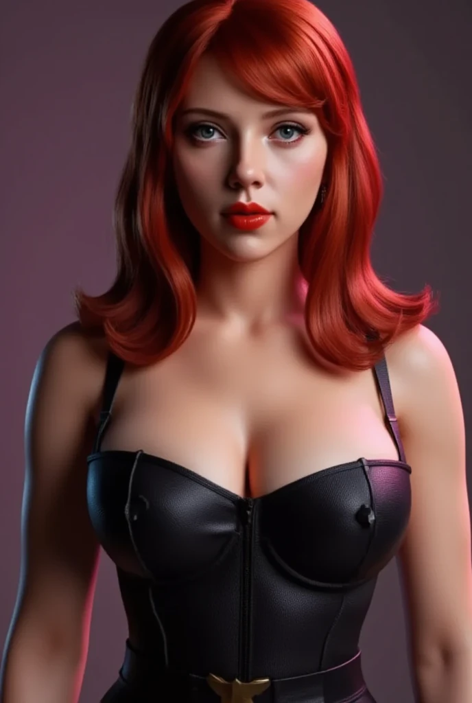 a portrait photography of a gorgeous redhead in open unbuttoned white space suit, cleavage, standing inside spaceship, attractive, flirting, looking at viewer, detailed skin, highly detailed, diffused soft lighting, hyperrealism, cinematic lighting