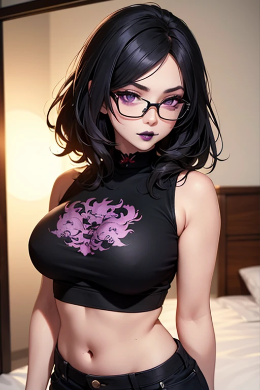 black hair, longeyelashes, ear blush, ahoge, twintails, bespectacled, grin, blush, tongue out, dances, a black skirt, is shy, first-person view, Surrealism, super detail, ccurate, best quality, masterpiece