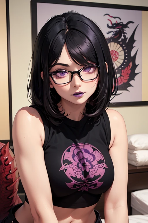 （（（完美figure，figure，Grey sweater, black dress, black stockings，（（（JMT,Glasses,purple hair,short hair,purple eyes,MiJungdef，purple eyes，purple hair，medium hair，）））型figure:1.7））），((masterpiece)),high resolution, ((Best quality at best))，masterpiece，quality，Best quality，（（（ Exquisite facial features，looking at the audience,There is light in the eyes，Happy，nterlacing of light and shadow，huge boobs））），（（（looking into camera，black background，Bend forward）））