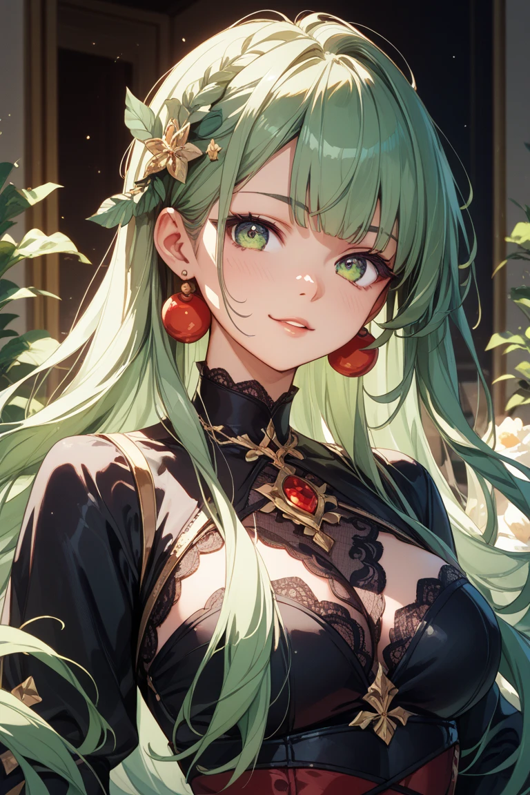 (absurdres, highres, ultra detailed, HDR) master piece, best quality, perfect face, Tiki, light-green hair tied in a ponytail, pointy ears, expressive green eyes, Fire Emblem Awakening, solo, girl, extremely beautiful, pretty, red dress, glass pink flowers, glass pink petals, glass pink butterflies, glass garden, glass blossoms, everything made with glass
