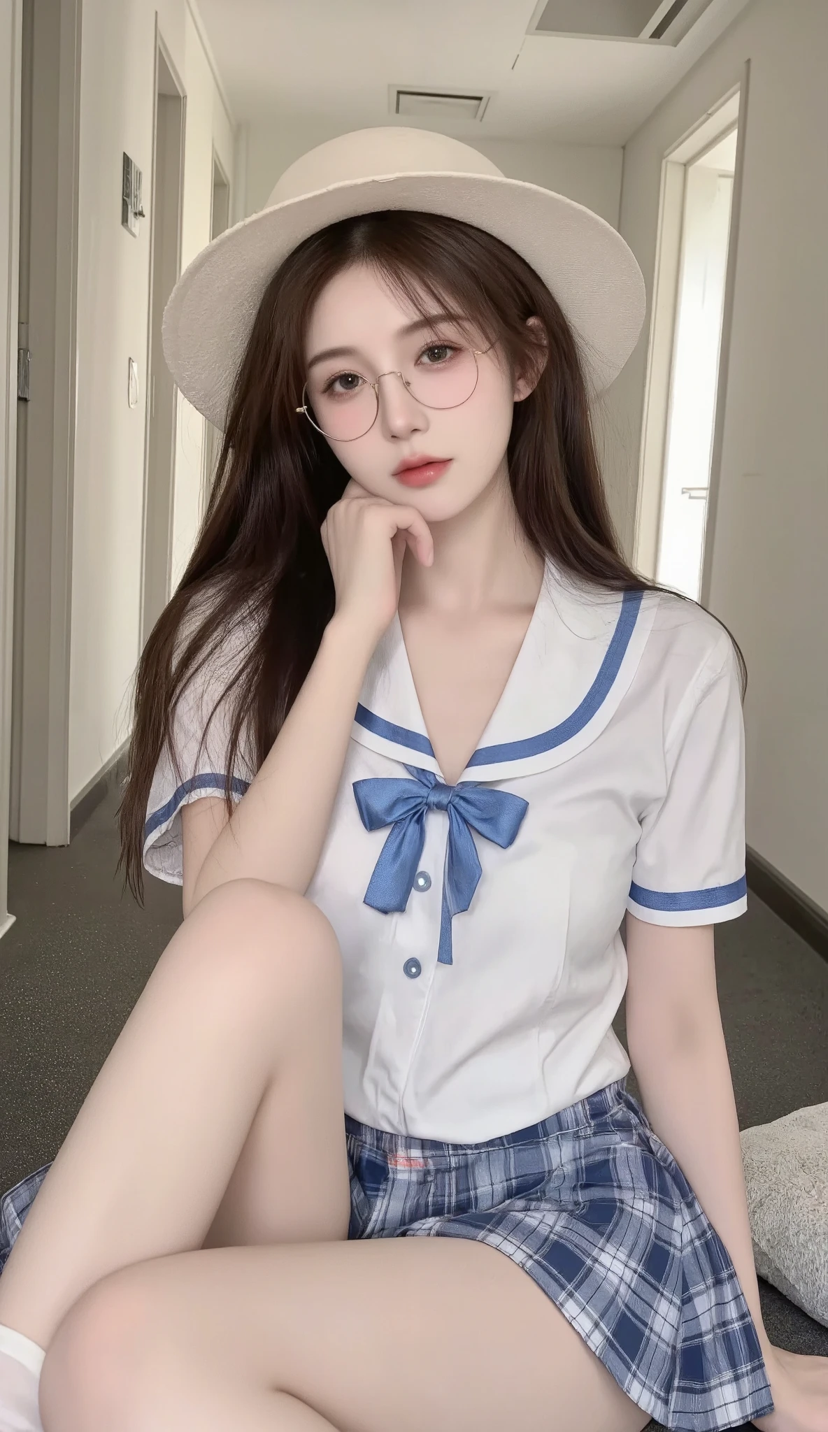 a beautiful lady,long hair flowing,Wear a delicate school uniform,Plaid Skirt,showing the charm of mature youth。adding a touch of mystery and sexiness。, she was sitting in the hallway shrouded in soft light,Confident and charming ,} The floor is carpeted 。 The picture is rich,Wear a Hat, bright colors, Ultra HD Quality 。Legs,long white socks,round frame glasses,beret