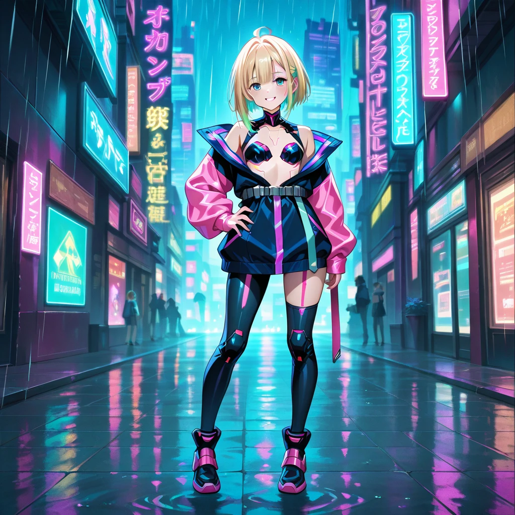 (masterpiece:1.2), Highest quality,Realistic, High resolution、
Cyber World,One Splatoon girl, Letterbox, alone, Golden Eyes、Open Mouth Smile、blush、A slightly thinner face、Golden tentacle hair, Big Breasts、Cleavage、scenery, short hair, Jacket, sf, Holding, Holographic interface, city, blue Jacket, gloves, city lights, look up, cityscape, boots, building, night, From above、Dynamic Pose、jump off、Real Anime、3d、