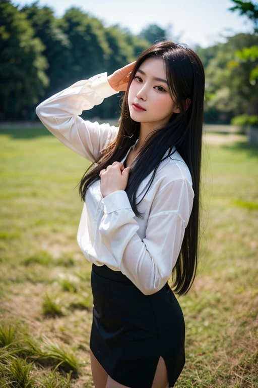 Japanese,young woman, (alone), 20-year-old, (double),whole body,Long black hair, Glamour, Pure white skin, Photographed from the front,Observe the audience、(office lady)、(White shirt),(Black Pantyhose),Black high heels、garden、Squat,