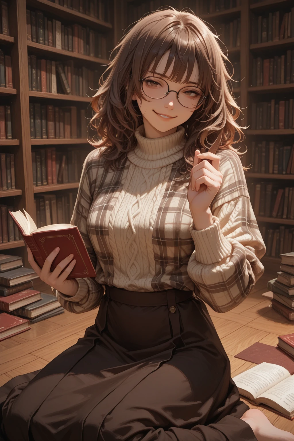 (masterpiece), (best quality), (ultra-detailed), (full body:1.2), 1girl, chibi, cute, open mouth smile, sitting on chair, reading book, library background, bookcases, books on shelves, plaid miniskirt, shirt, cardigan, brown hair, glasses:1.2, side table with mug of coffee, (beautiful detailed face), (beautiful detailed eyes), <lora:blindbox_V1Mix:1.2>