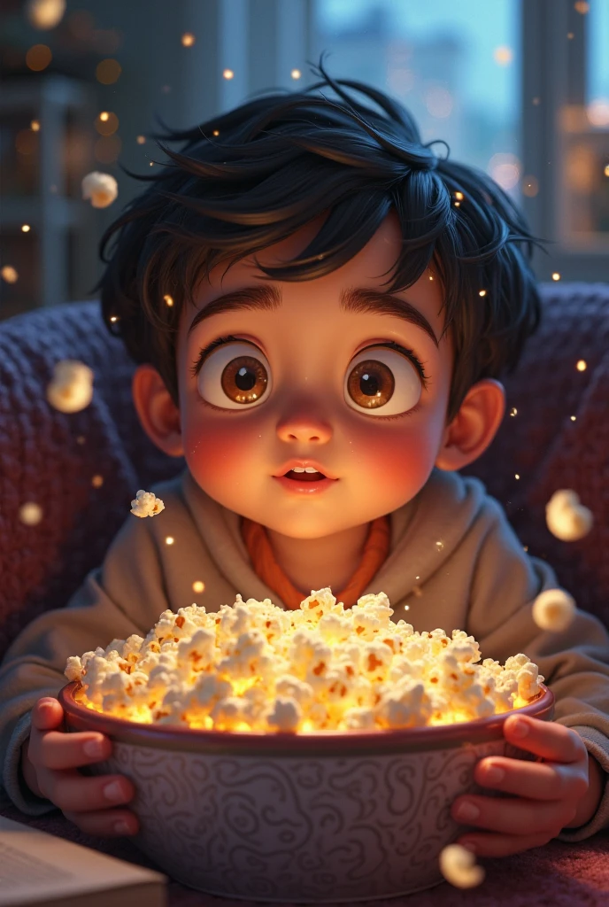 Make a boy lying in bed with a brown blanket eating popcorn