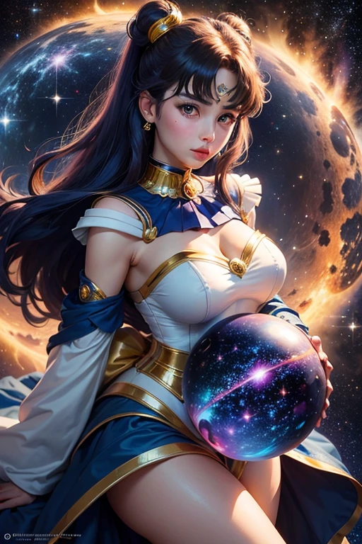Blue haired Giantess, with curly hair, in the space sitting in a tiny planet earth, she is wearing a greco roman goddess dress color gold, big boobs