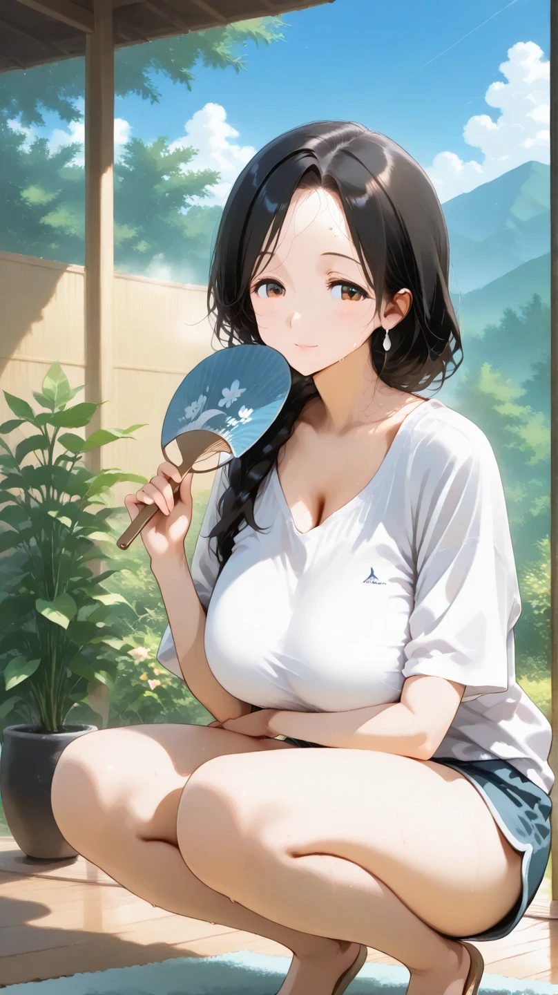 top quality，Best masterpiece，（1個Giant Breast Girl：1.5），solo，20 years old，in the garden，sunny，long black hair，wearing a straw hat，White T-shirt，black shorts，face close-up，blue eyes，B-chest