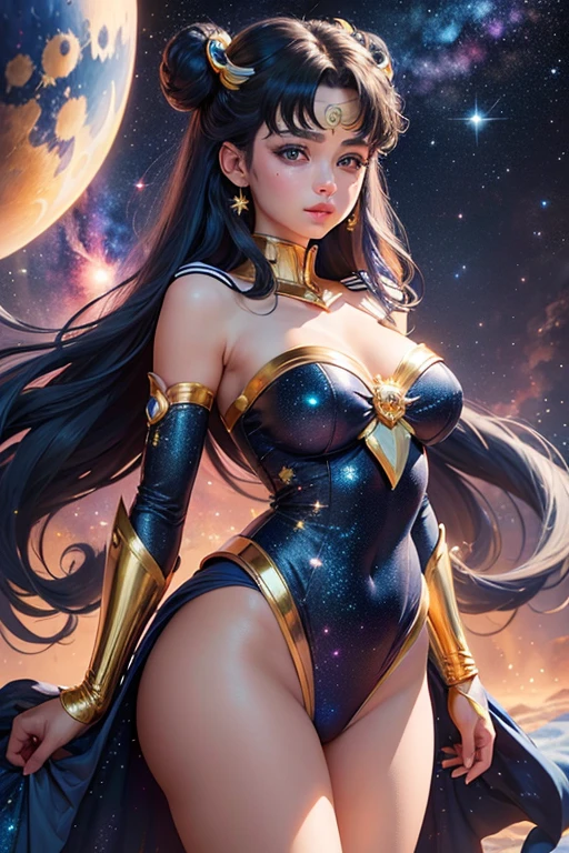 Depict Janna in her Star Guardian skin from League of Legends by Riot Games, dressed in a vibrant, magical girl outfit with star-themed accessories, have massive k-cups, in a cosmic realm filled with twinkling stars and celestial light.