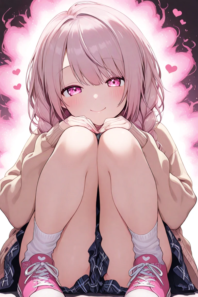 girl,light pink,Long curled hair,Throw kiss,((close up of face)),pastel colored background,Cute atmosphere,Plaid,(NSFW:1.5),((masturbation behavior:1.35)),((Putting your hand inside your underwear:1.4)),((drooling)),tits,(heart mark),(((Climax、ecstasy)))