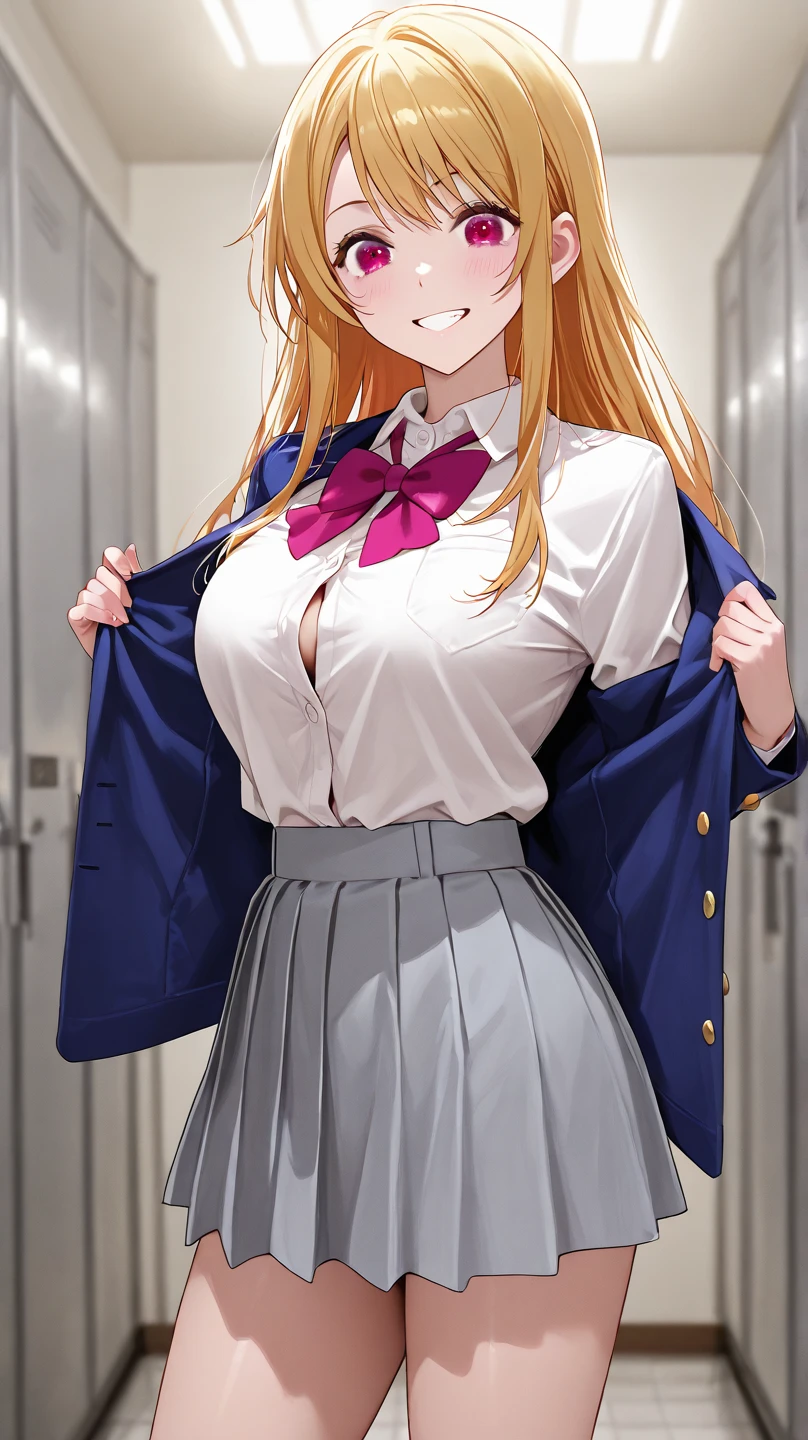 ((Extremely detailed)),(Very detailed), Very detailed CG ユニティ 8k 壁紙,Highest quality, masterpiece, mahiru shiina, bangs, blonde hair, brown hair, (yellow eyes:1.3),long hair, skirt, bow, , jacket, pleated skirt, plaid, plaid skirt, blazer, cardigan, Blue Blazer, (red bowtie:1.2),shirt,bra lift,show off pussy,nsfw:1.3