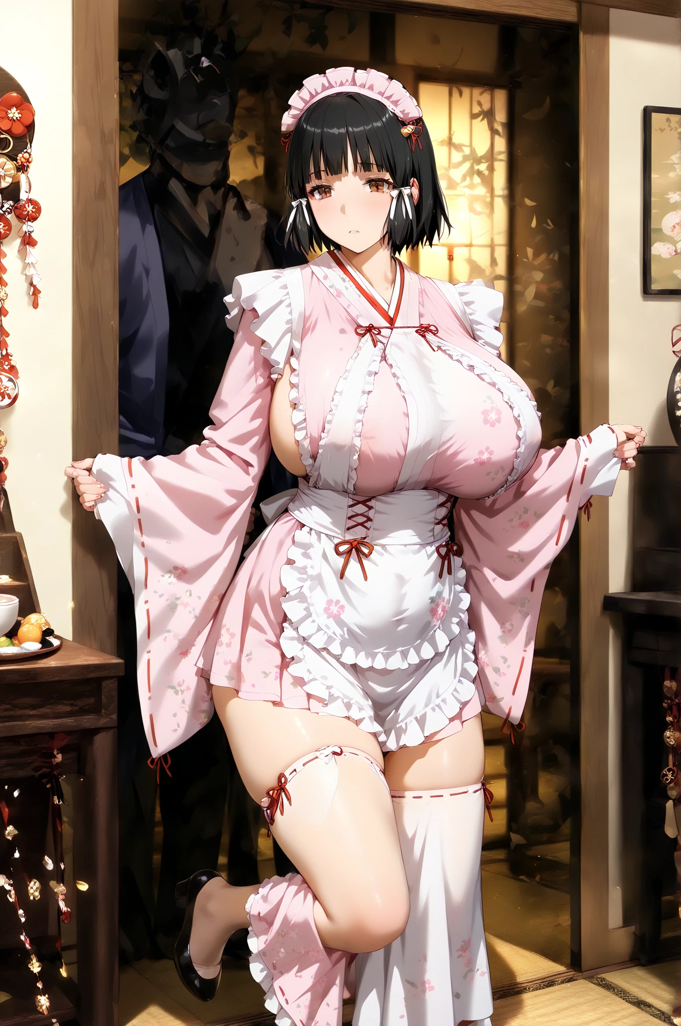 Japanese woman wearing a Holstein costume, (((beautiful face))),((Show your face))、 Very detailed decorations, (((masterpiece))), ((Highest quality)), ((Intricately detailed)), ((ultra-realistic)),, Absurd resolution, Mature Woman, ((Sexy and attractive posture、squat))、 (((beautiful face))), Young Woman, perspective, Very detailed, figure,, (gigantic Breasts:1.3), ((tight waist:1.5))、Perfect hands, Detailed fingers, Beautiful attention to detail, (((beautiful face))), , Brown eyes,(a Holstein costume:1.2), Earrings, Detailed Background, Perfect Eyes, Seductive eyes, Are standing,( Looking at the audience:1.6),