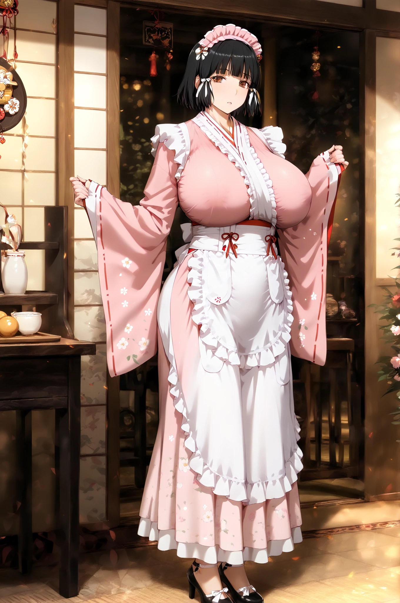 masterpiece, best quality, Hiuchito_s2s, 1 Girl, Solitary, long hair, Bangs, Large Breasts (((Large Breasts)))、((Breast sagging))、Low-cut,(((Cleavage ))),(((Wide hips,)))(((,Hourglass figure))), ((Long legs)), Black Hair, Purple Eyes, Ponytail, Side lock, Hair accessories, Bare shoulders, permanent, holding lantern, lantern, festival, White Skirt, long skirt, 罗纹sweater, Sleeveless turtleneck, sweater, whole body, night, external, absurd, High resolution,