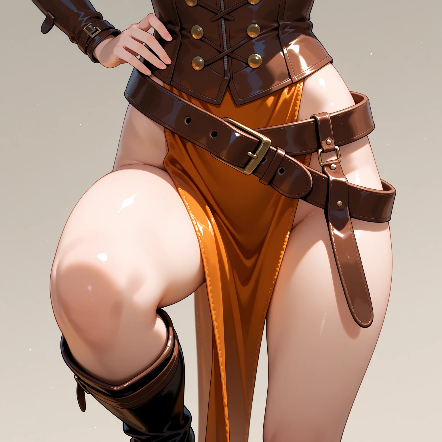 ((PLAIN BACKGROUND,1:2, masterpiece)), full body MILF BIMBO standing with two long thighs and two metal sandals, red eyes, silver white hair, short bob style hair, big breasts, cleavage, separate sleeves, tiara royal, long cape up to two feet, yellow bikini, hands on waist, navel, lustful smirking smiling, smile face (red blushed, red cheeks), metal shoulders, gold sleeveless armbands, black leather choker slave collar, shackle bracelets, sex slave red crest, pauldrons, breastplate, corset, eye focus, full body, whole body. 1solo . slave fighter, loincloth standing, hands on hips, metal sandals, backpack, choker, big belt, view from below, feet together, bracers, tiara)
