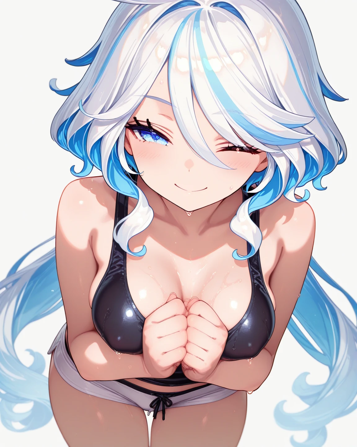 (masterpiece, 4k, high quality, colorful, super detailed eyes and face:1.2), 1girl, solo, 26 year old Scandinavian woman, Short blonde hair, bun-like hairstyle, bright blue eyes, big breasts, buxom chested, cleavage, strapless dark blue dress, corset, exposed shoulders, silver tiara, white stash, upper body shot