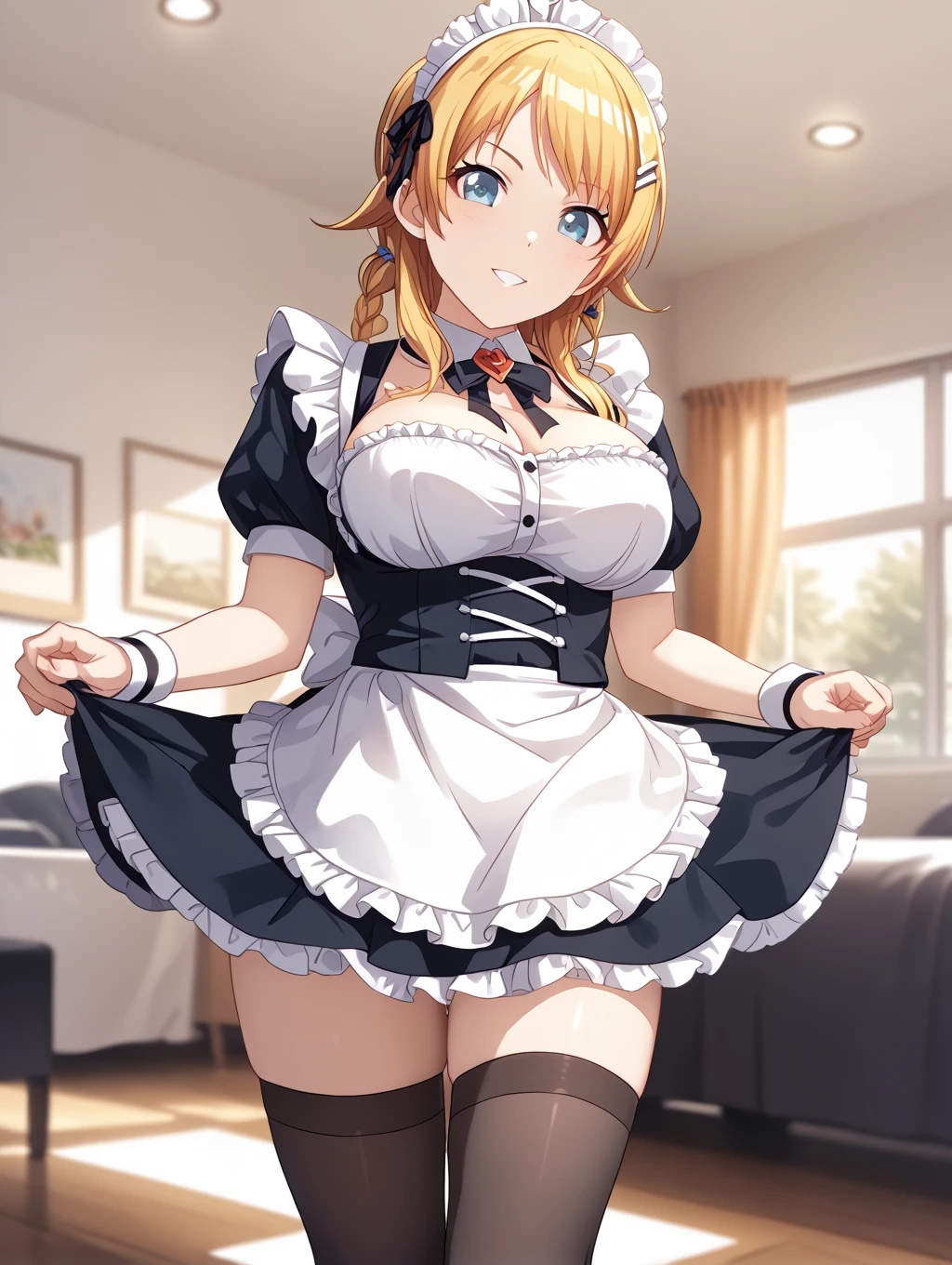 (best quality, masterpiece:1.2), ultra high res, Exquisite details and textures, 1girl, solo, detailed face, white skin, looking at viewer, big eyes, luxury room, professional lighting, photon mapping, physically-based rendering,1girl, (Medicine Melancholy, 1girl,smile, blonde hair, short hair,ribbon,blue eyes,(black shirt),red skirt,bow,bubble skirt, frilled skirt,frilled shirt), (((huge gigantic breasts))), thick thighs, wide hips,smile, long skirt, meadow, ((breast expansion)),((curvy body))