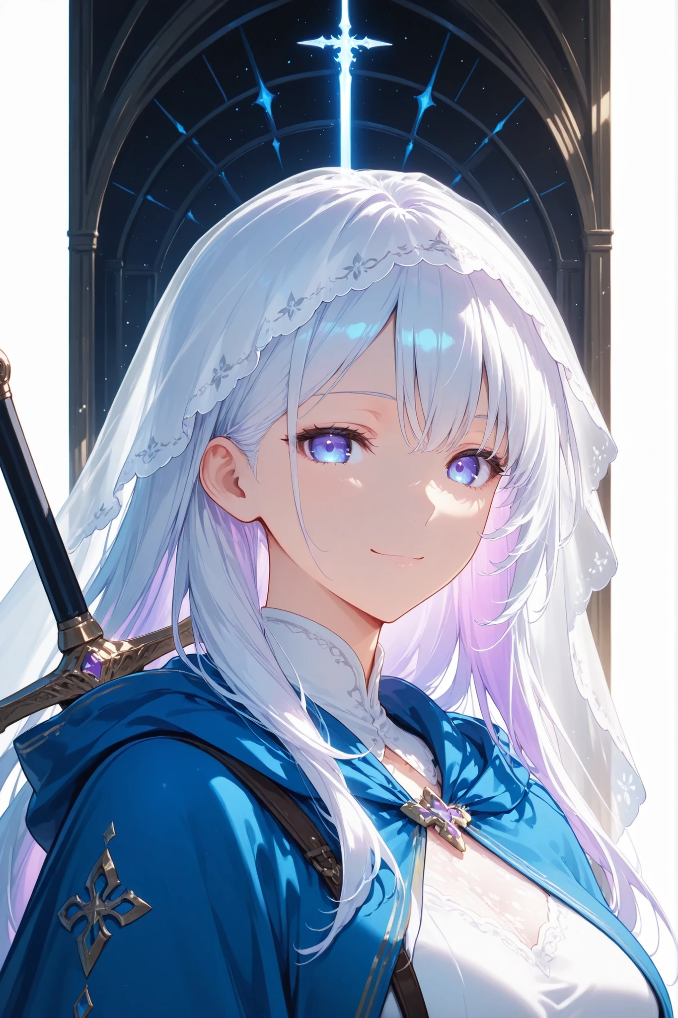 white ultra long hair, violet tone, sword, adult female, fantasy, light article, little smile, white clothes, white veil, violet eyes, blue cloak, white hair, portrait, look at a viewer