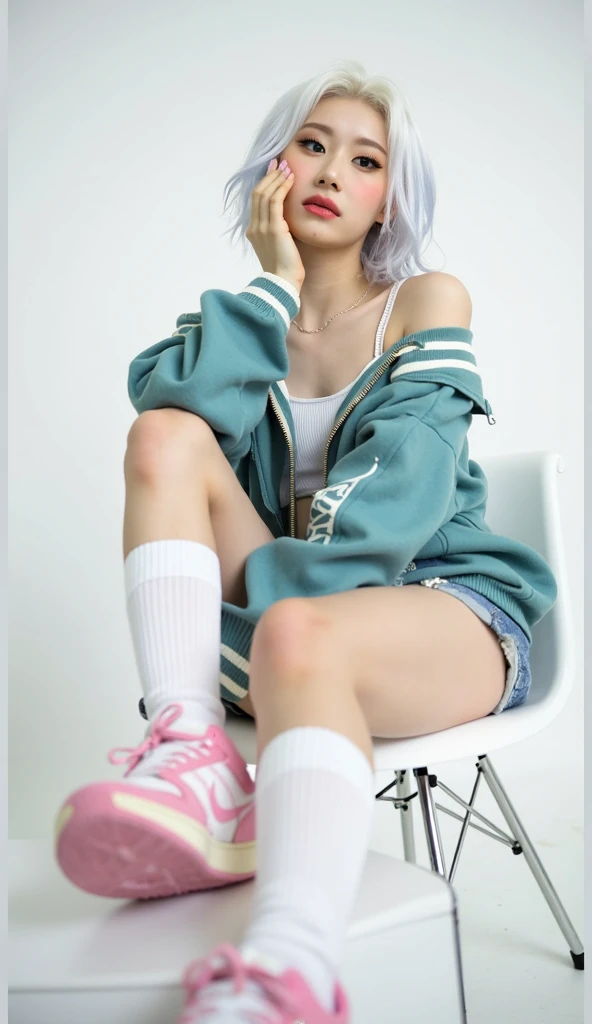Cyberpunk style mech little girl, Powder blue hair, 12year old, legs are open, White knee-length socks,White sneakers