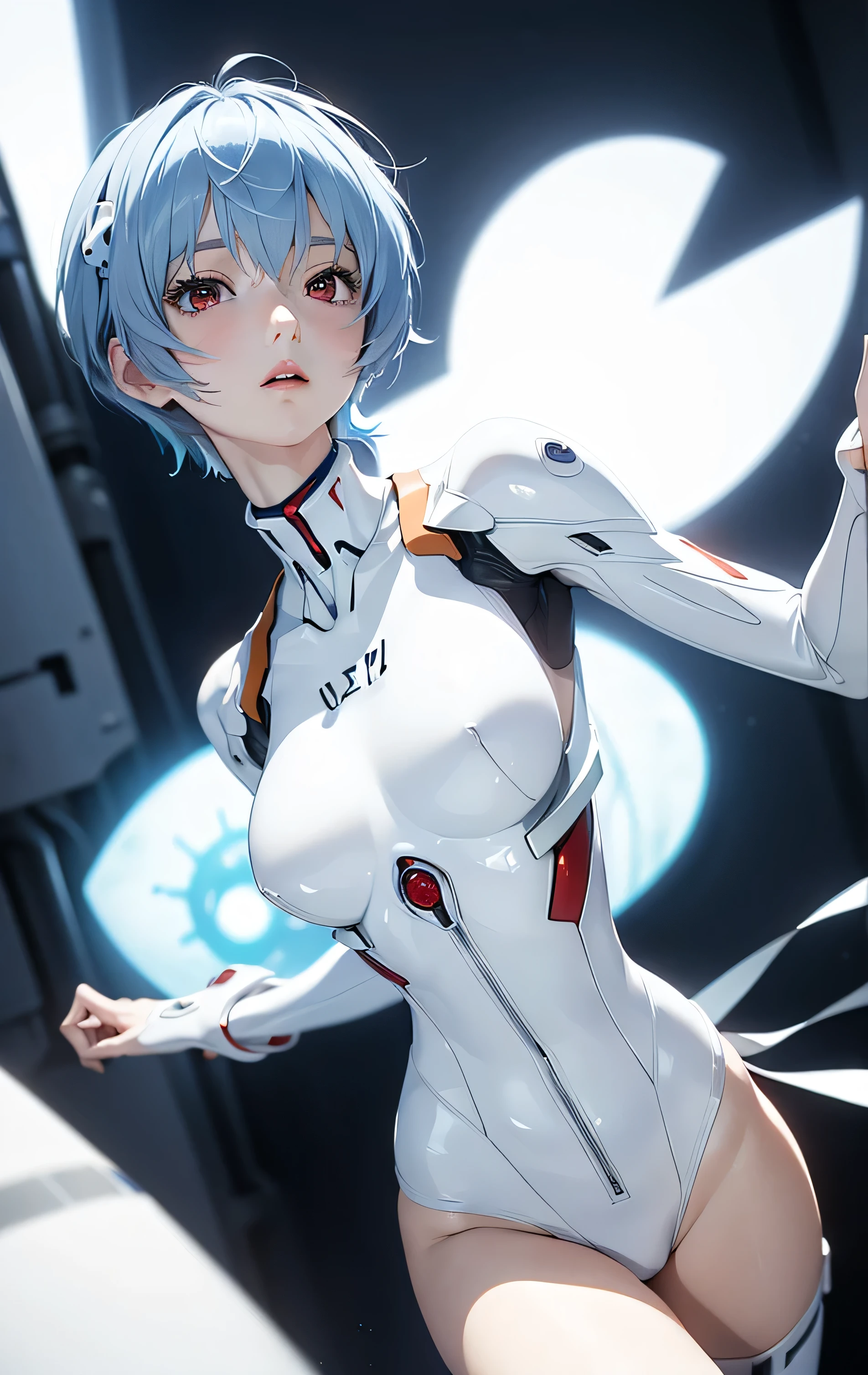 (Best Quality, masutepiece, Colorful, Dynamic Angle, highest details)(Rei Ayanami), Cowboy style, Fashion photo of a girl with flirting blue bob hair (Rei Ayanami), Detailed red eyes, Detail Evangelion's White Suit (high resolution texture), in a dynamic pose, Bokeh, (Intricate details, hyperdetails:1.15), Detailed, sunlight passing through hair, Colorful splash art background, (High contrast, Evangelion New Theatrical Version Official Art, ighly detailed, highest details), nude, naked body