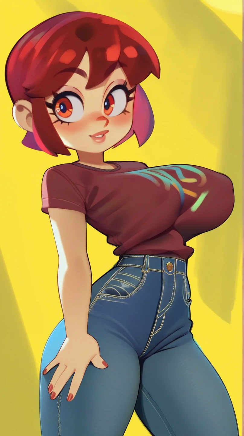 masterpiece, best quality, one girl, solo, detailed face, looking at the viewer, black eyes, gold hoop earrings, small breasts, 5 fingers, seductive smile, formal background, detailed skin texture, (blush: 0.5), (goosebumps: 0.5), subsurface scattering, detailed skin texture, (blush: 0.2), (goosebumps: 0.3), subsurface scattering, sexual expression, jeans, stockings, portrait, covering breasts with hands, pink bra, crop top