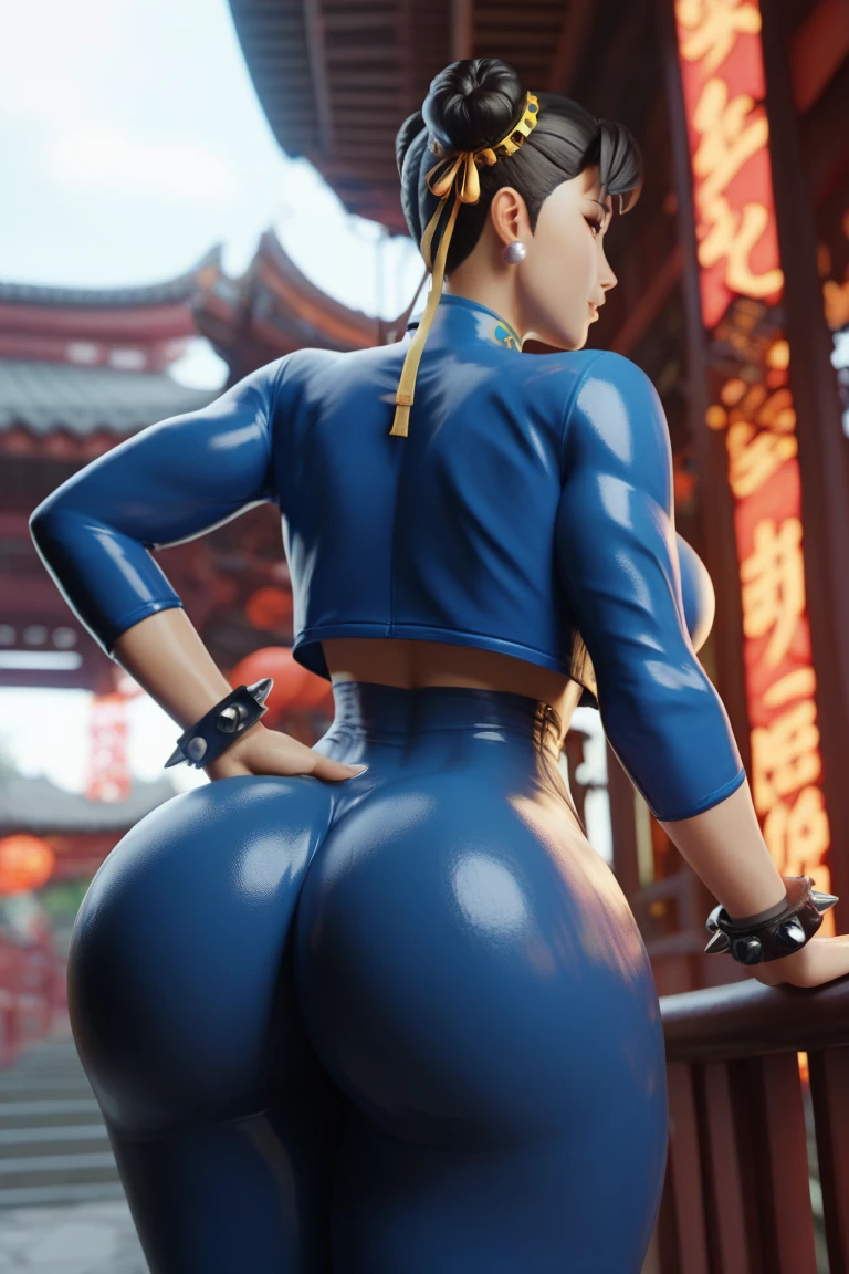 woman in her 20s, chunlims, (perfect face), defined jawline, beautiful brown eyes, beautiful lips, (short brown hair, hair bun, double bun), (perfect anatomy), (athletic body), (sexy), (thick thighs), (perfect hands), (blue cheongsam), tight blue track pants, spiky bracelets, looking at viewer, (medium full shot photograph), (fighting arena background), realistic, show beautiful ass, ass in pants, shot from below, seductive face , beautiful face , show your ass