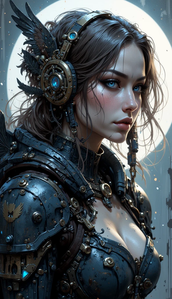 a girl in a steampunk military uniform, detailed face and features, beautiful detailed eyes, beautiful detailed lips, extremely detailed eyes and face, long eyelashes, steampunk metal armor, intricate mechanical details, surrounded by surreal bizarre creatures, fantastical organic and mechanical hybrid monsters, dark moody battlefield environment, gritty post-apocalyptic landscape, dramatic lighting, cinematic composition, highly detailed, 8k, photorealistic, masterpiece